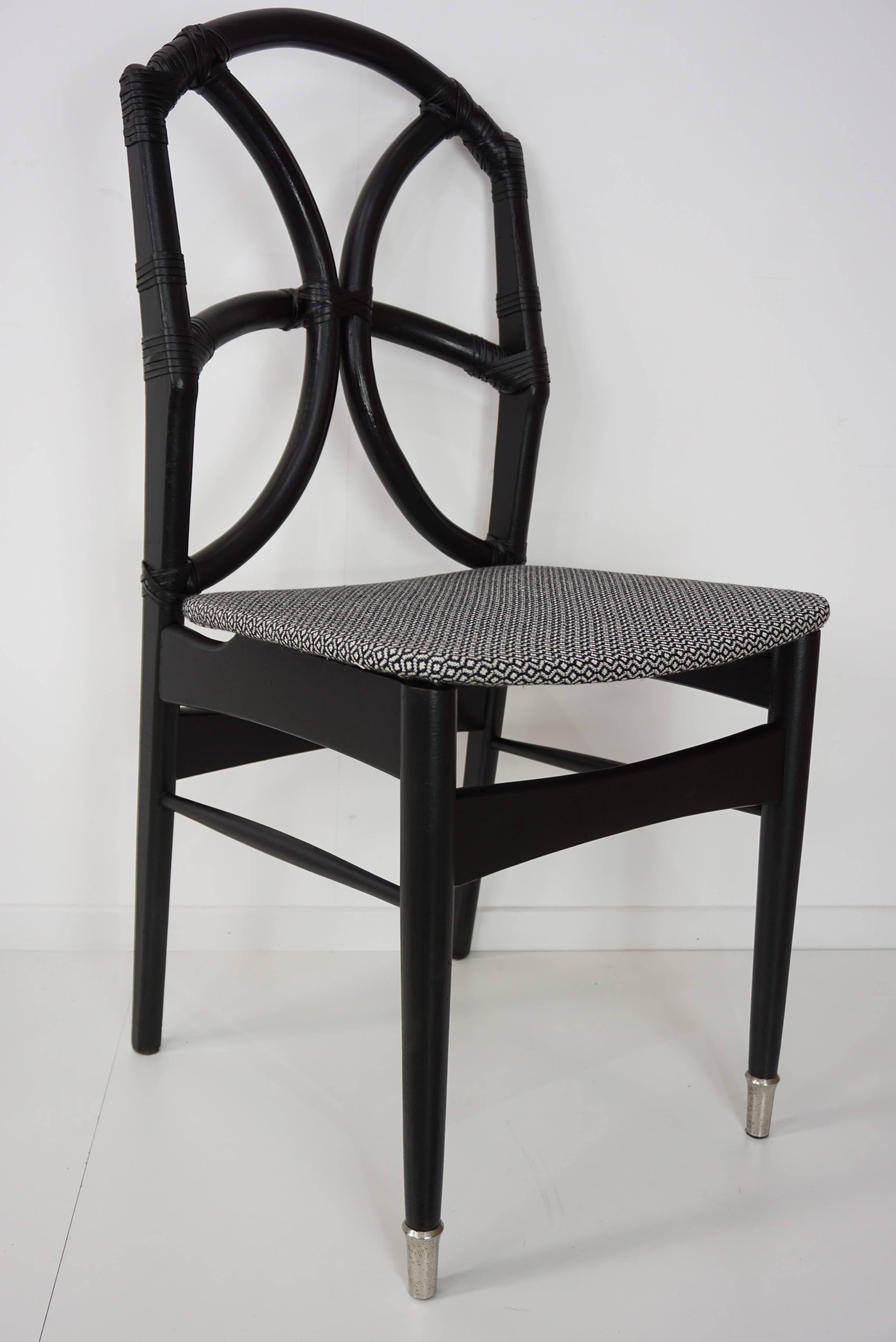 20th Century Set of Four Black Wooden Rattan Fabric and Leather Chairs Design, 1950s