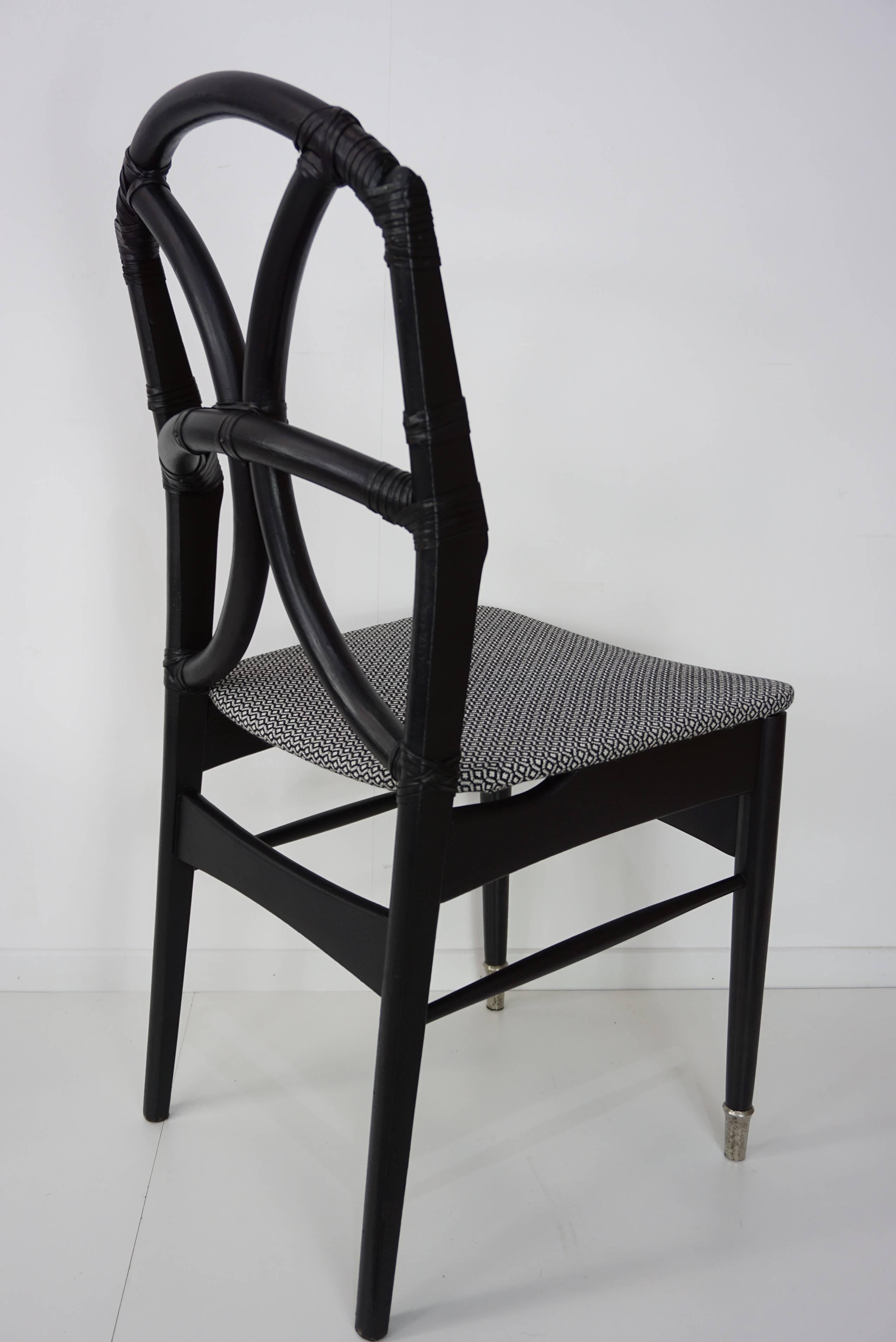 Set of Four Black Wooden Rattan Fabric and Leather Chairs Design, 1950s 3