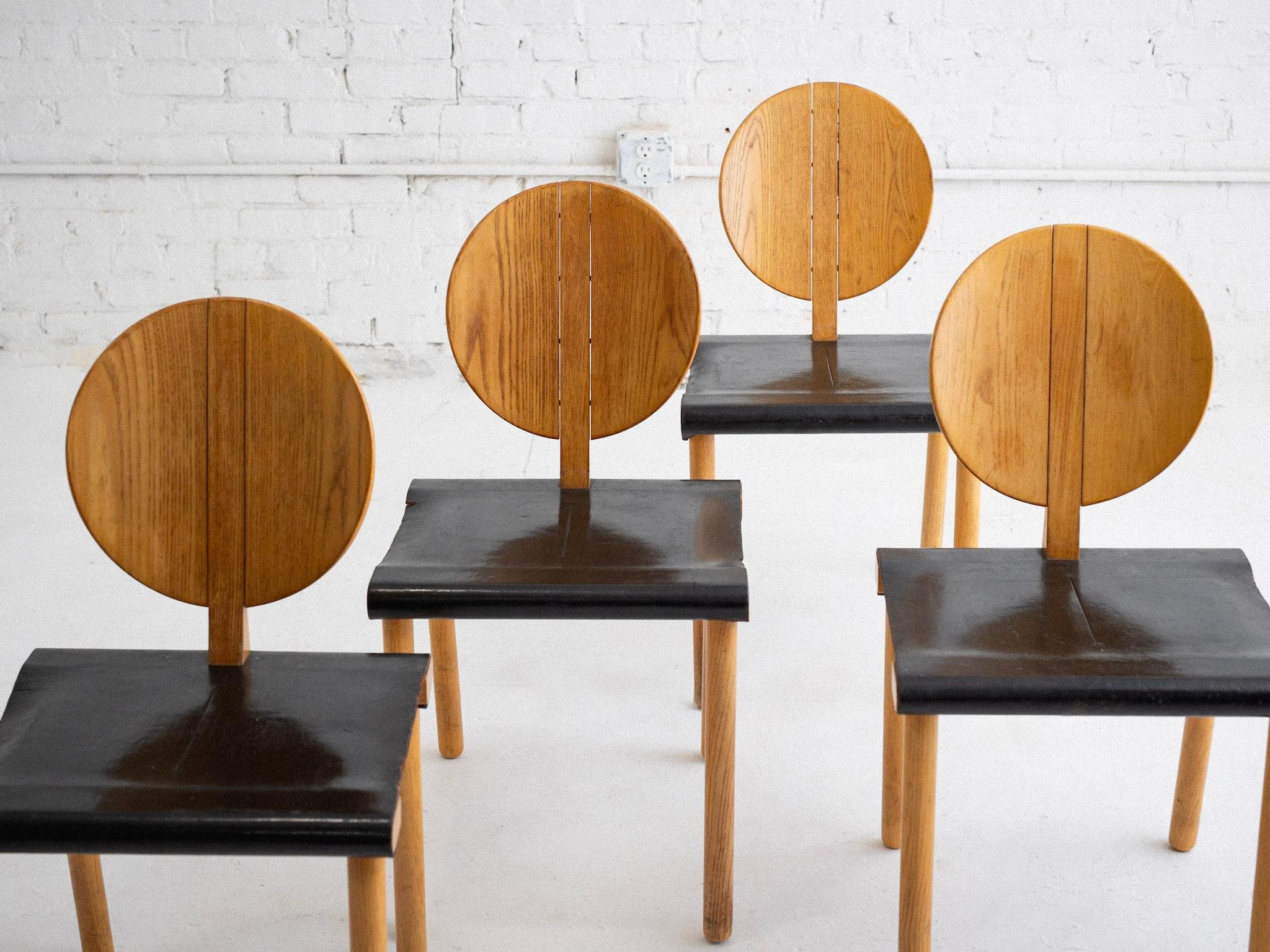 Post-Modern Set of 4 Blonde Circle Back and Leather Seat Chairs For Sale