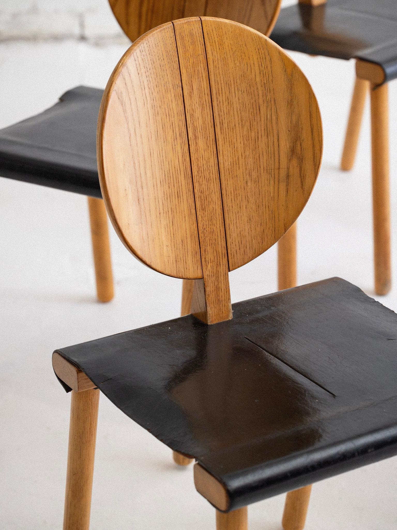 Italian Set of 4 Blonde Circle Back and Leather Seat Chairs For Sale