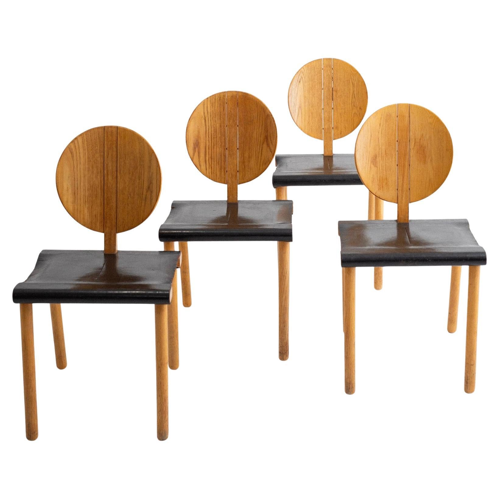 Set of 4 Blonde Circle Back and Leather Seat Chairs For Sale