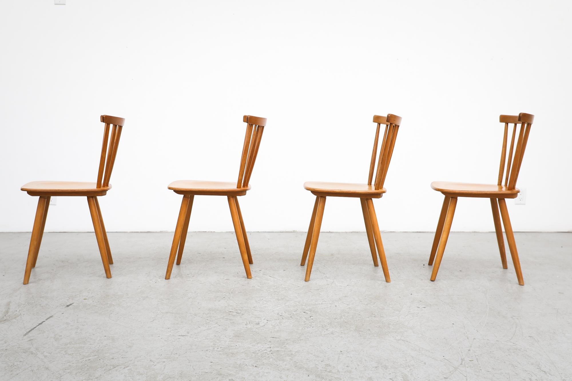 Danish Set of 4 Blonde Wood Tapiovaara Inspired Spindle Back Chairs by Farstrup For Sale