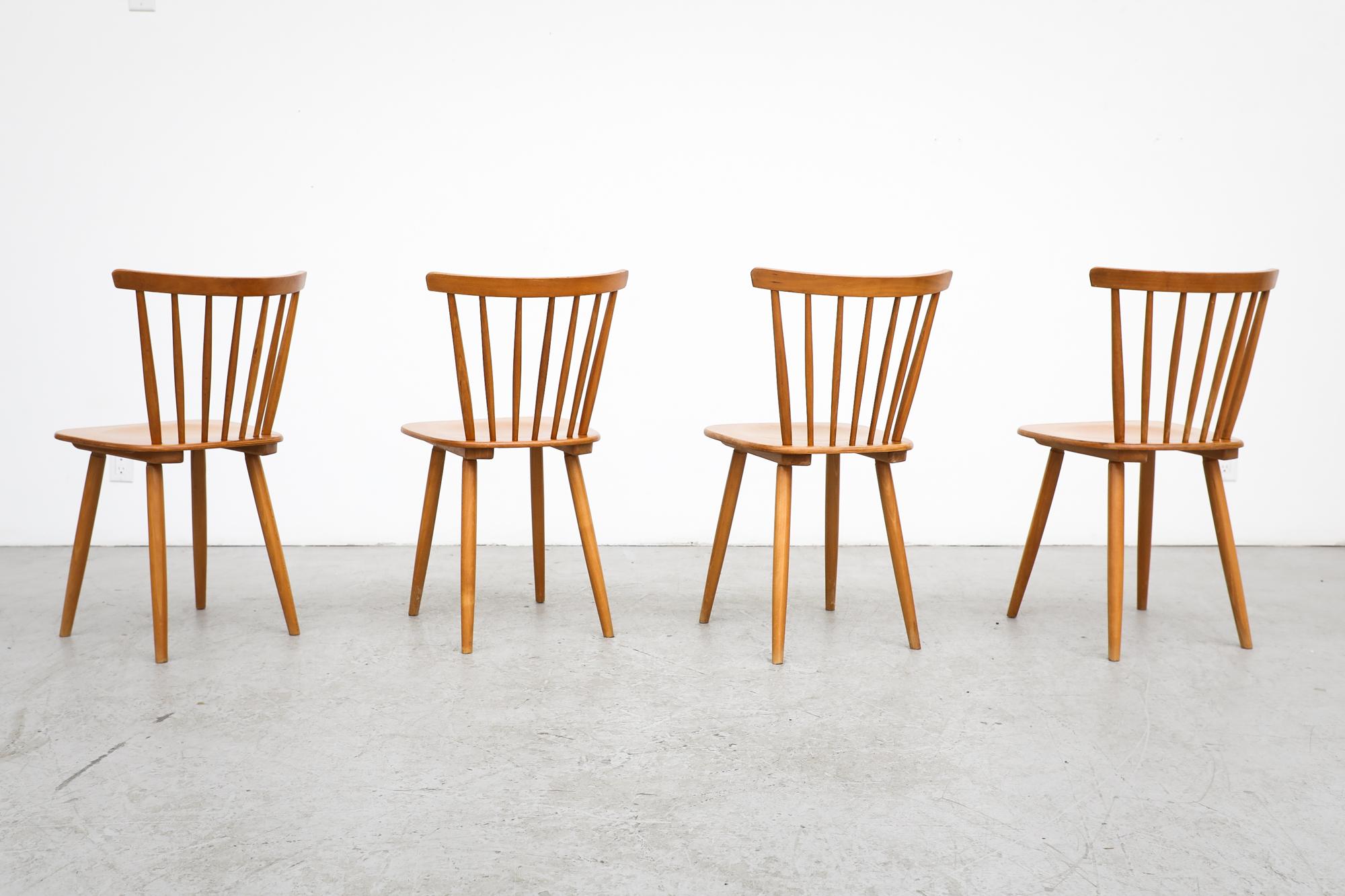 Set of 4 Blonde Wood Tapiovaara Inspired Spindle Back Chairs by Farstrup In Good Condition For Sale In Los Angeles, CA
