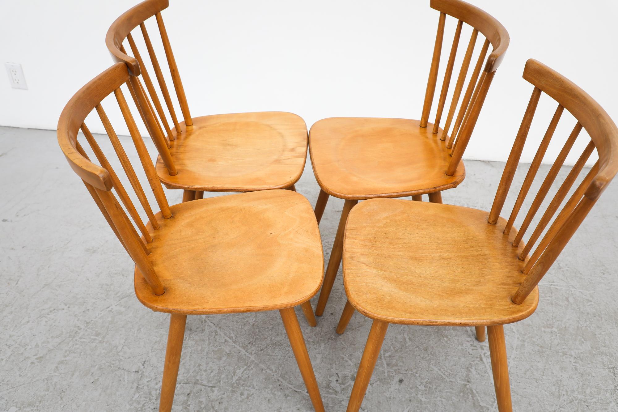 20th Century Set of 4 Blonde Wood Tapiovaara Inspired Spindle Back Chairs by Farstrup For Sale
