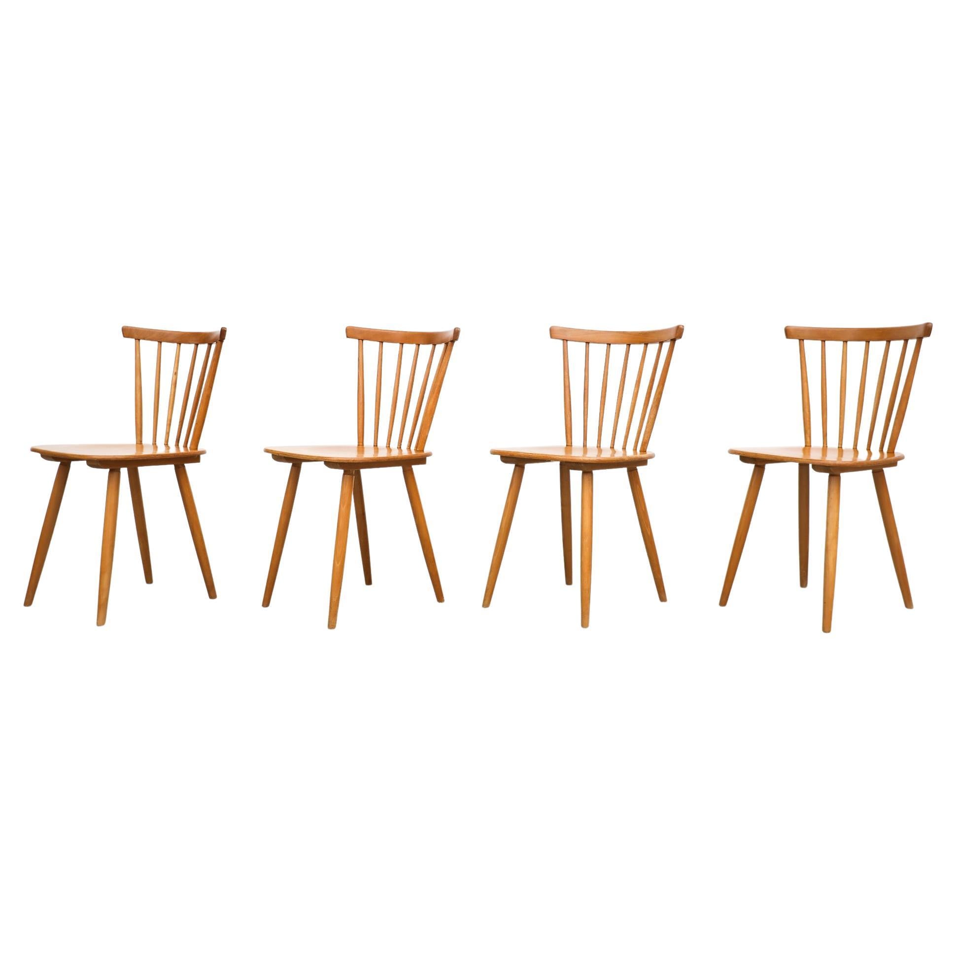 Set of 4 Blonde Wood Tapiovaara Inspired Spindle Back Chairs by Farstrup For Sale