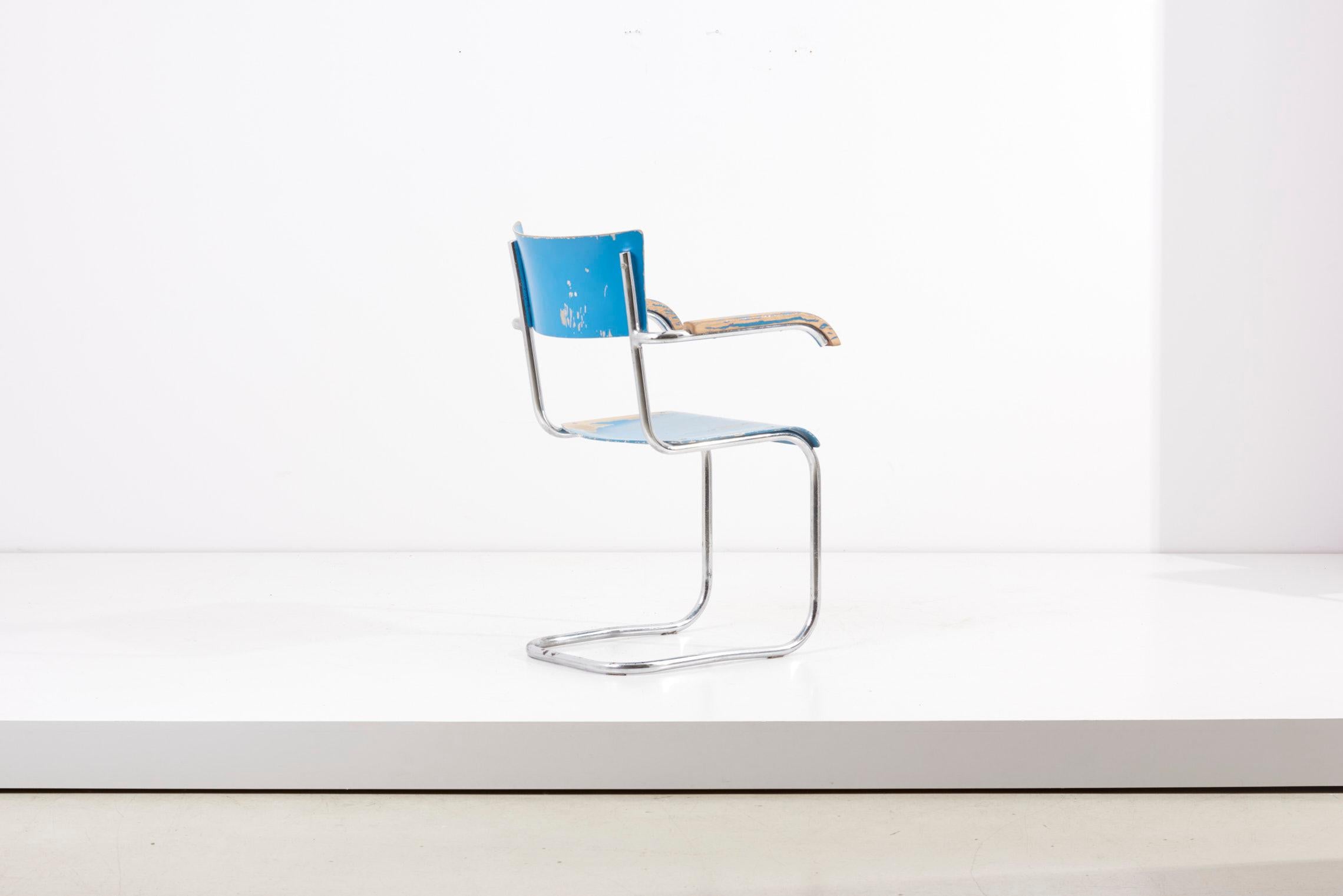 20th Century Set of 4 Blue Cantilever Chairs B43 by Mart Stam for Thonet, Germany, 1930s For Sale