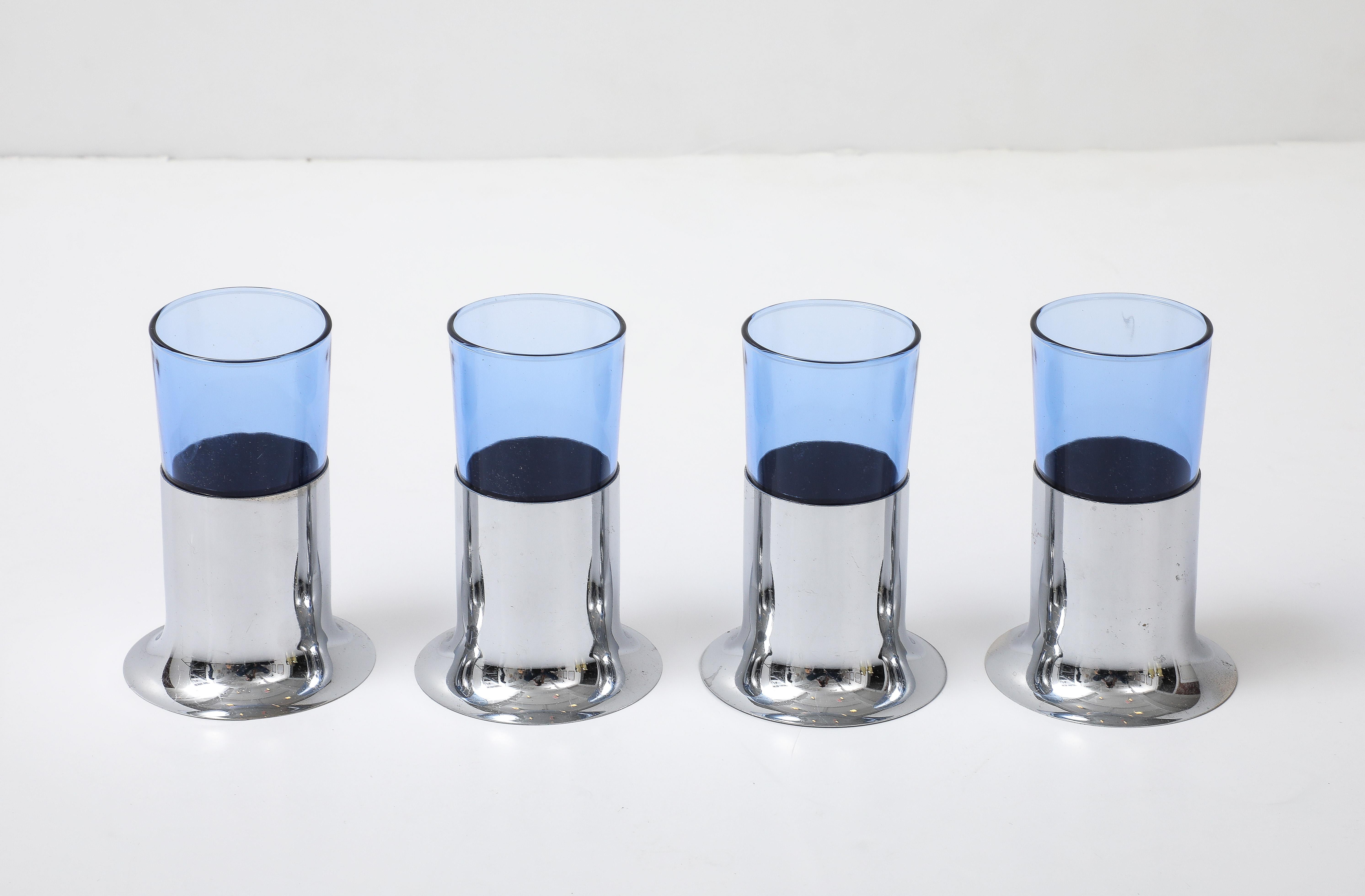 Set of 4 Art Deo drinking/cocktail blue glasses in chrome stands. C. 1930s.
