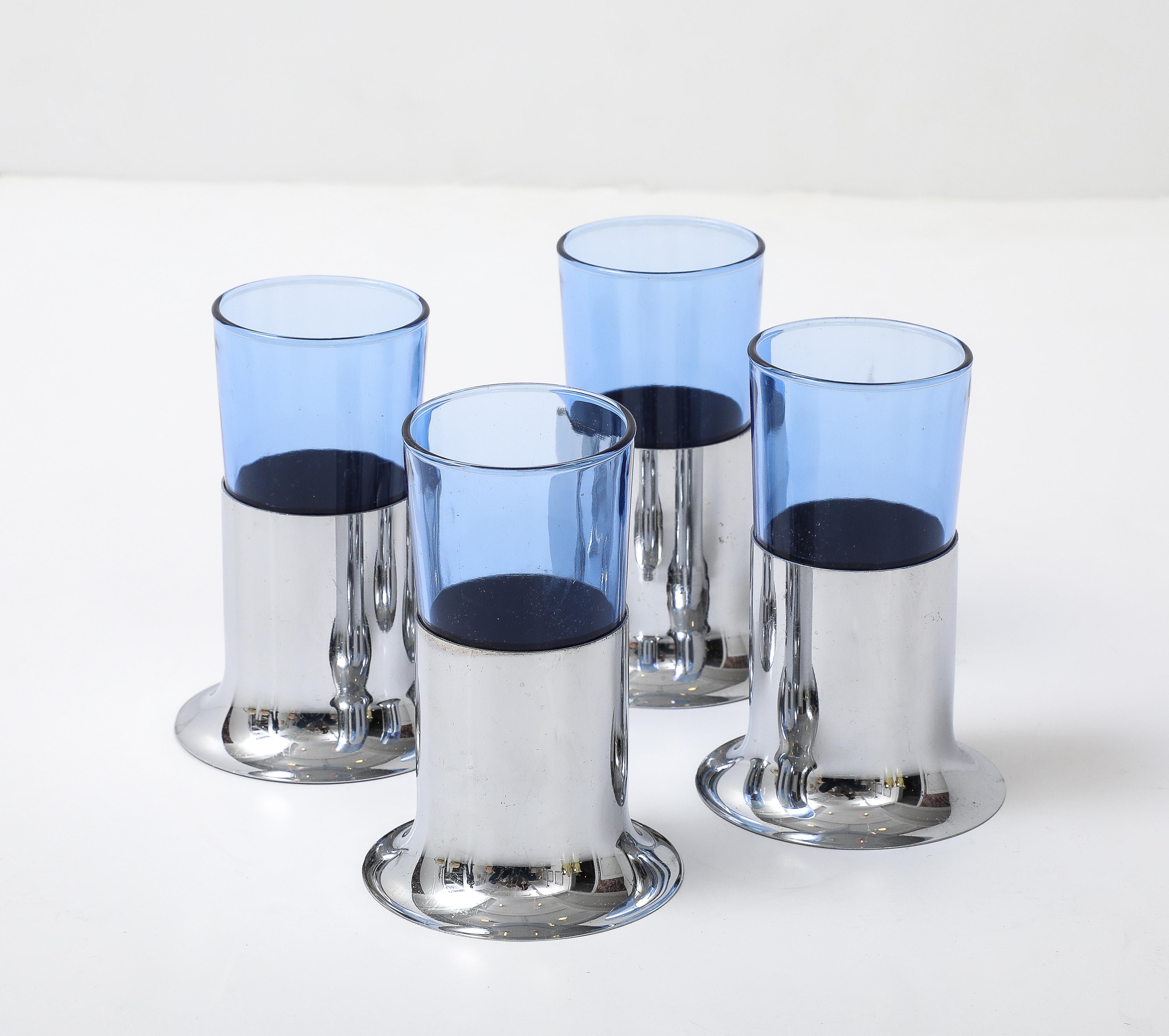 Art Deco Chase Set of 4 Blue Glasses in Chrome Holders For Sale