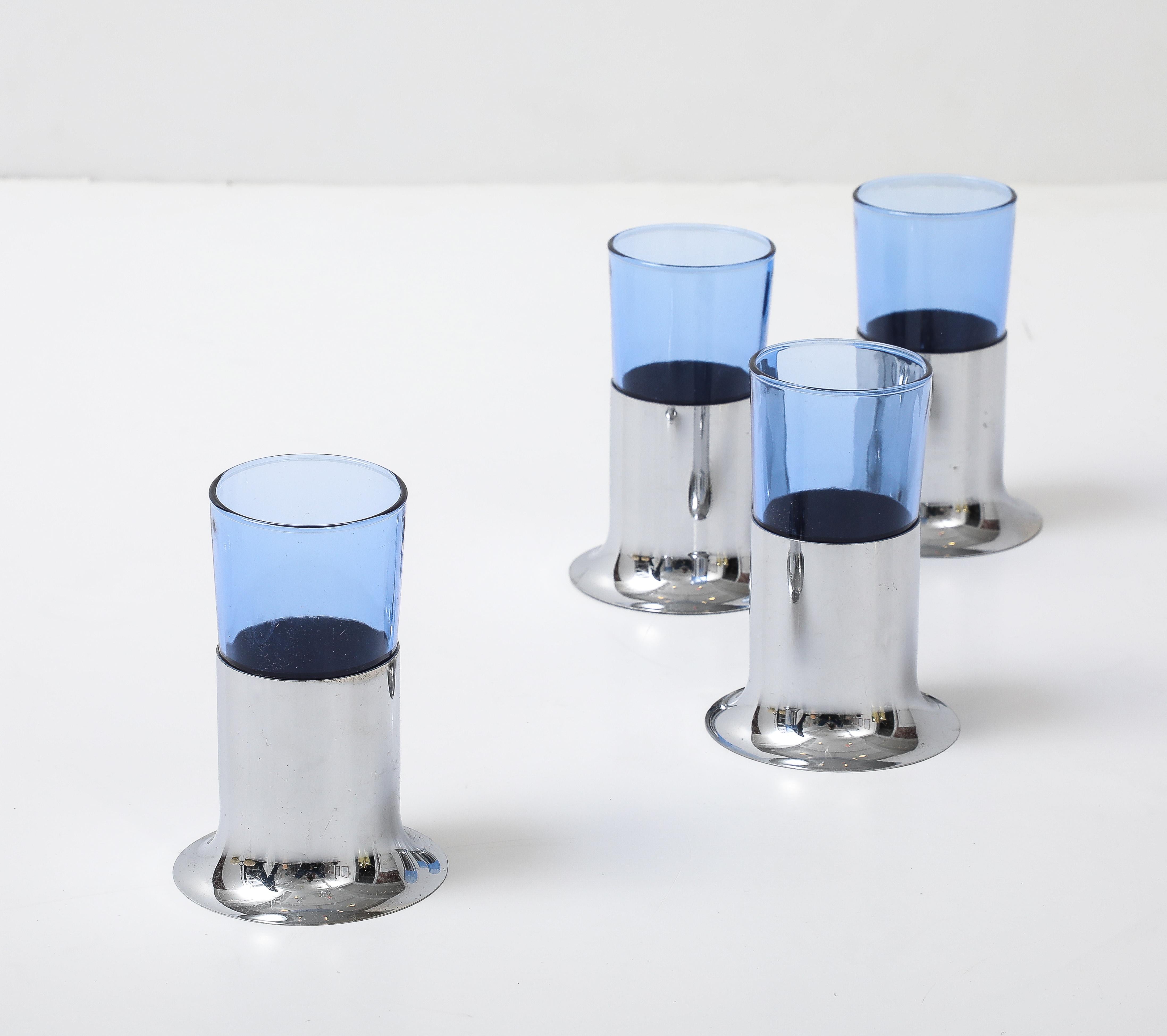 American Chase Set of 4 Blue Glasses in Chrome Holders For Sale