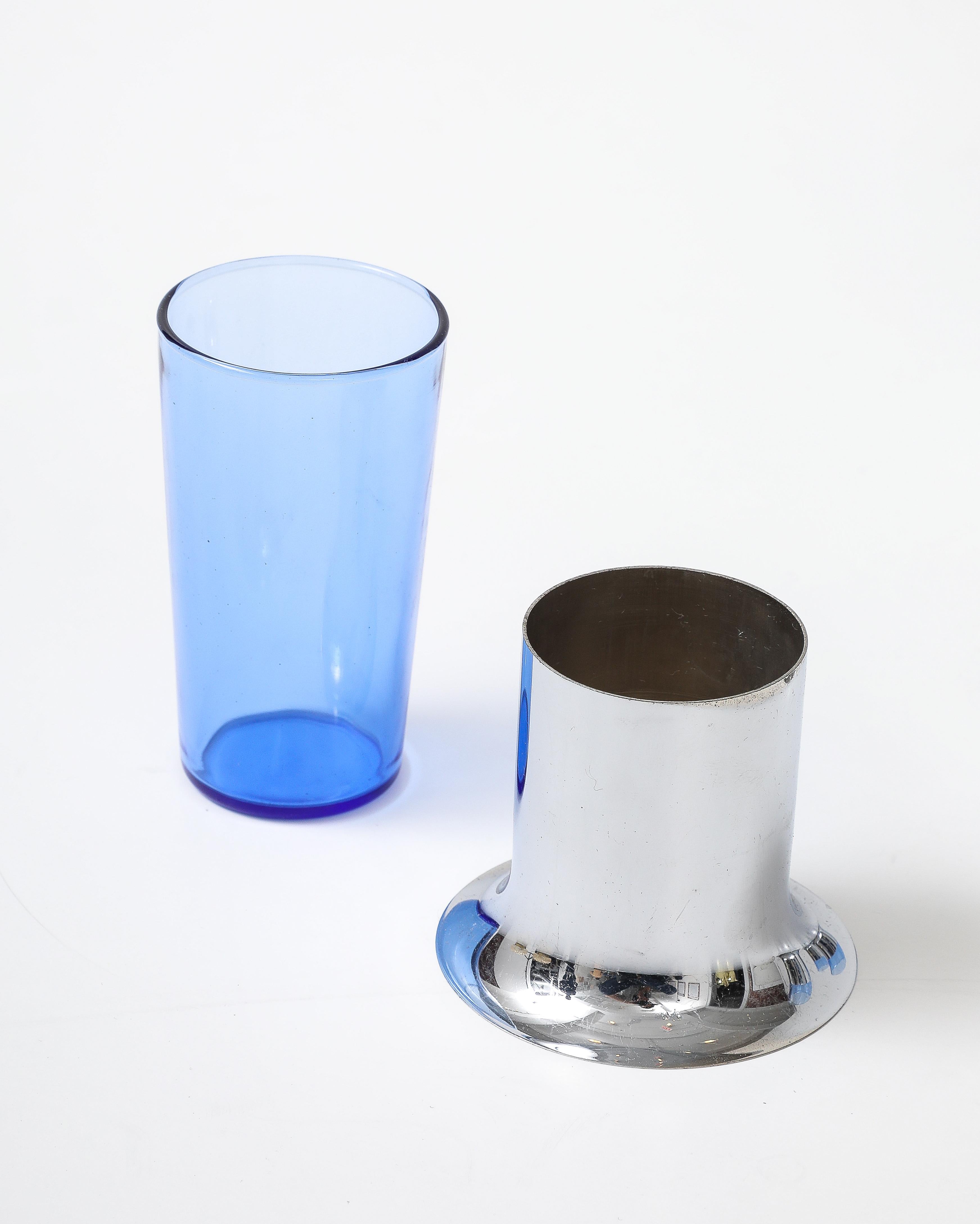20th Century Chase Set of 4 Blue Glasses in Chrome Holders For Sale