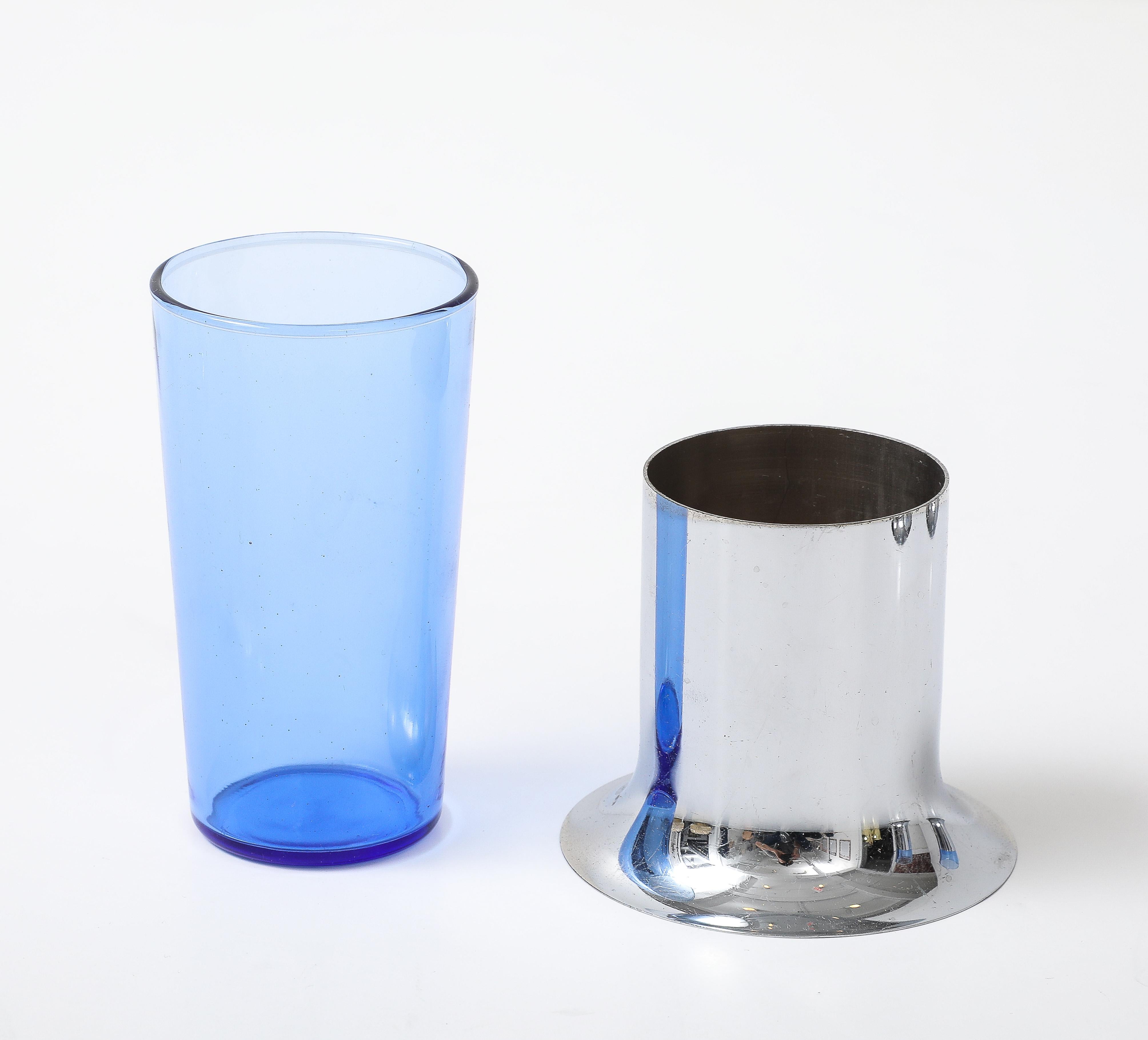 Blown Glass Chase Set of 4 Blue Glasses in Chrome Holders For Sale