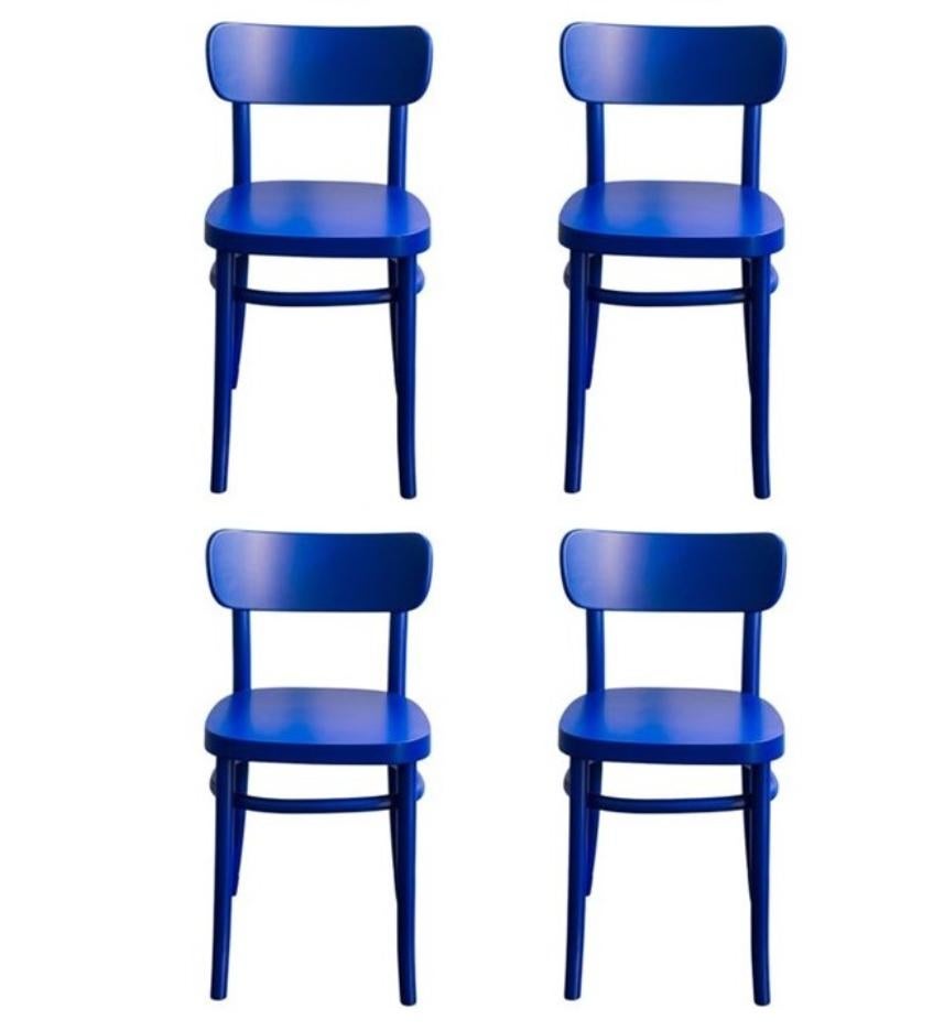 Set Of 4 blue MZO chairs by Mazo Design
Dimensions: W 46 x D 50 x H 75 cm
Materials: Beech.

This iconic chair played a leading role in one of the fairy tales of Danish furniture design. However – more curiously – it is also on display at The