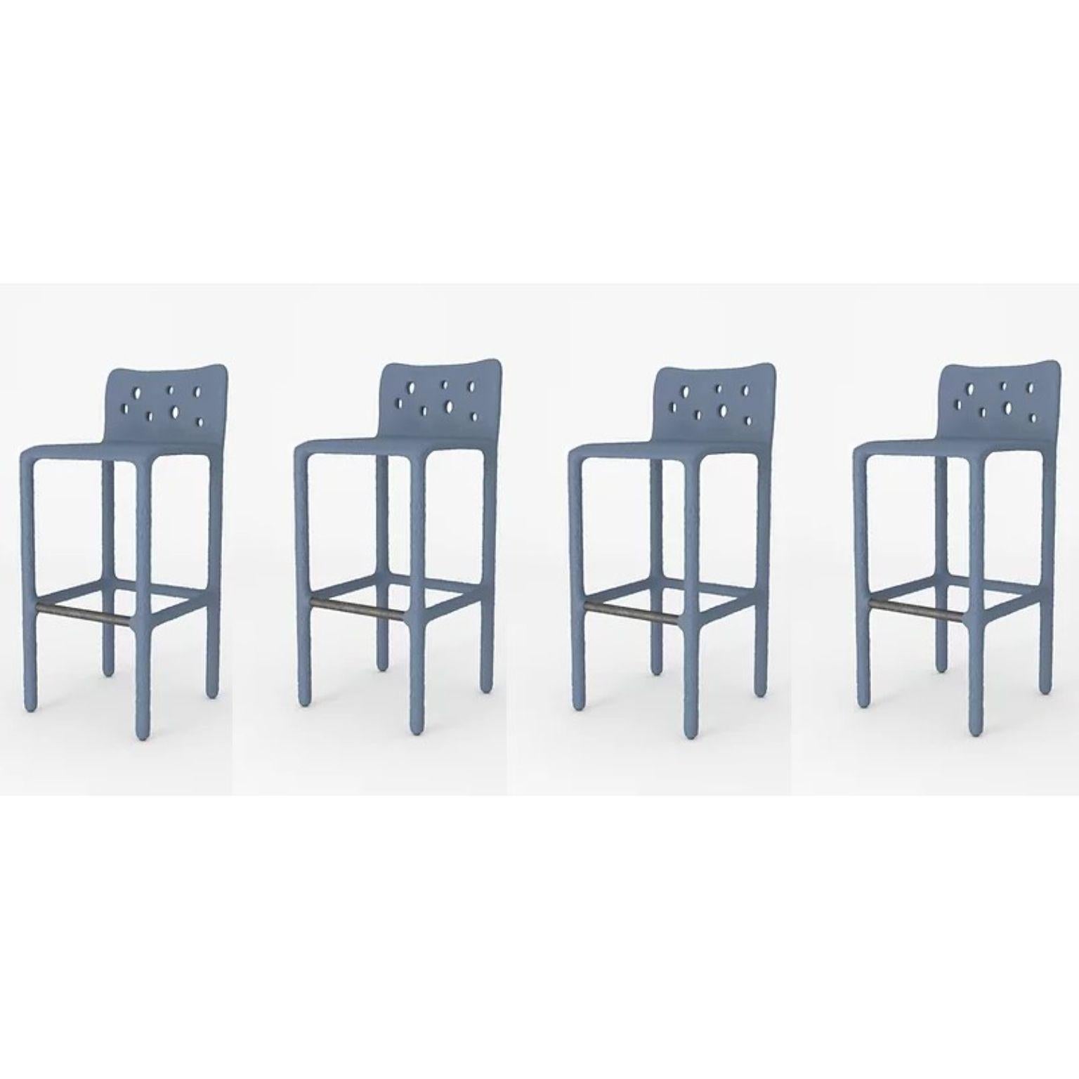 Set of 4 blue sculpted contemporary chair by Faina
Design: Victoriya Yakusha
Material: steel, flax rubber, biopolymer, cellulose
Dimensions: height: 106 x width: 45 x sitting place width: 49 Legs height: 80 cm
Weight: 20 kilos.
Outdoot finish