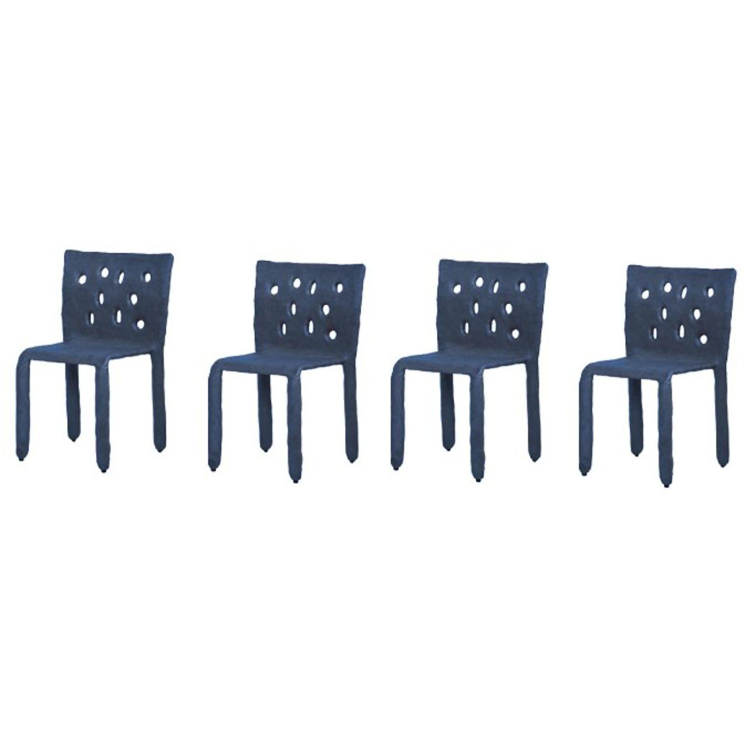 Set of 4 Blue Sculpted Contemporary chairs by FAINA
Design: Victoriya Yakusha
Material: steel, flax rubber, biopolymer, cellulose
Dimensions: Height 82 x width 54 x legs depth 45 cm
 Weight: 15 kilos.

Indoor finish available

Made in the