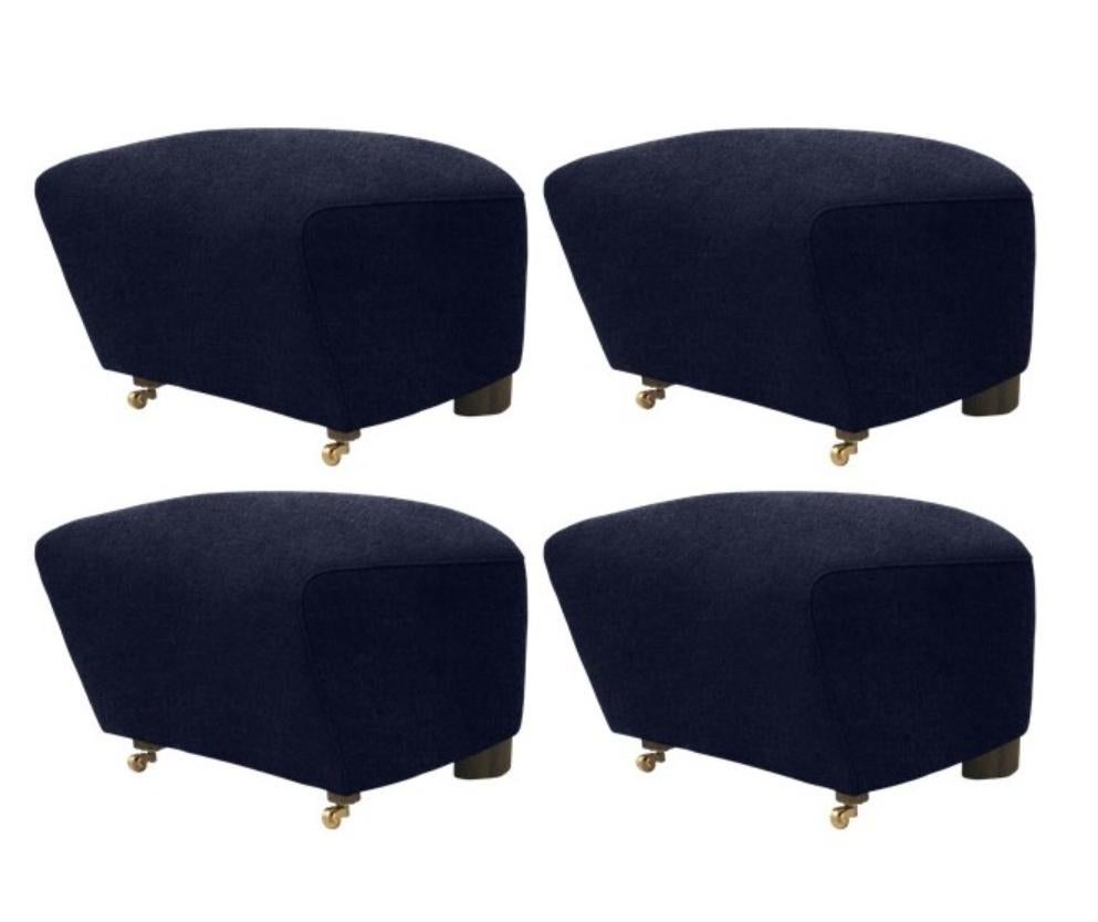 Set of 4 blue smoked oak hallingdal the tired man footstools by Lassen
Dimensions: W 55 x D 53 x H 36 cm 
Materials: Textile

Flemming Lassen designed the overstuffed easy chair, The Tired Man, for The Copenhagen Cabinetmakers’ Guild Competition