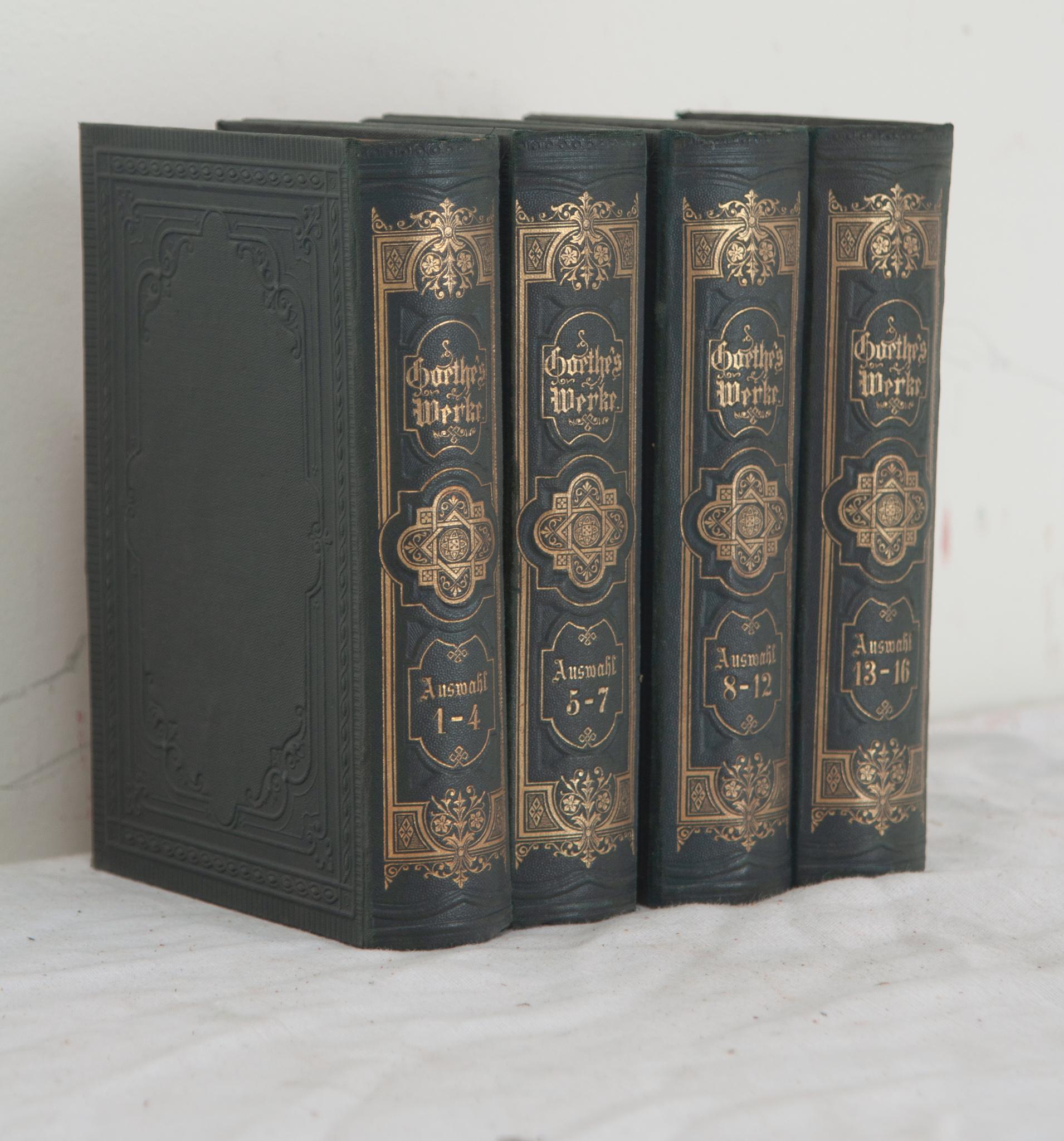 A collection of four volumes of poetry by German playwright and poet Johann Wolfgang von Goethe. This set of Goethe’s Werkes is bound in pressed fabric with gold lettering. The pages have signs of discoloration, make sure to view the detailed images