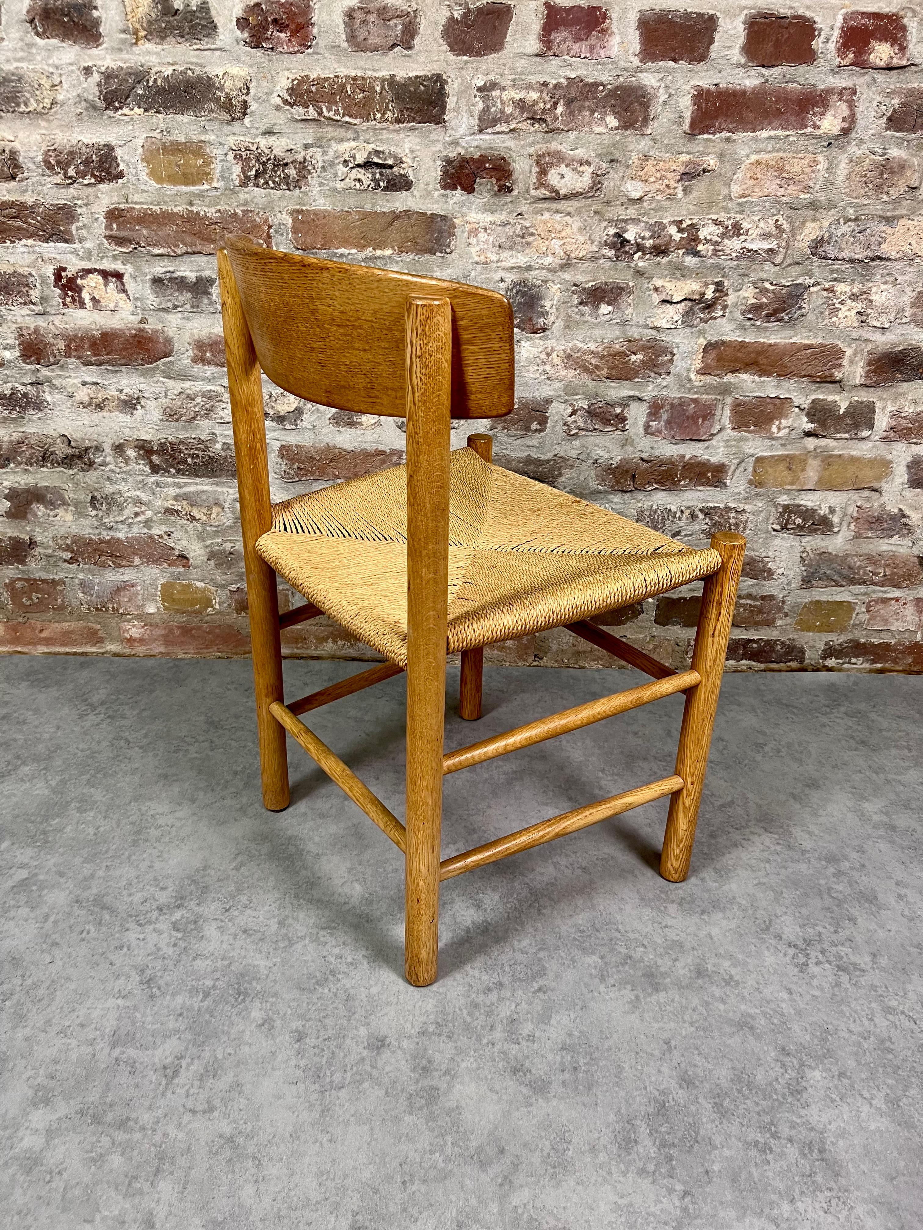 Beautiful set of dining chairs in light beech wood and paper cord. This is model J-39 by Borgen Mogensen. These chairs will fit perfectly in a mid-century modern interior. The craftsmanship and details on these chairs are beautiful and will be a