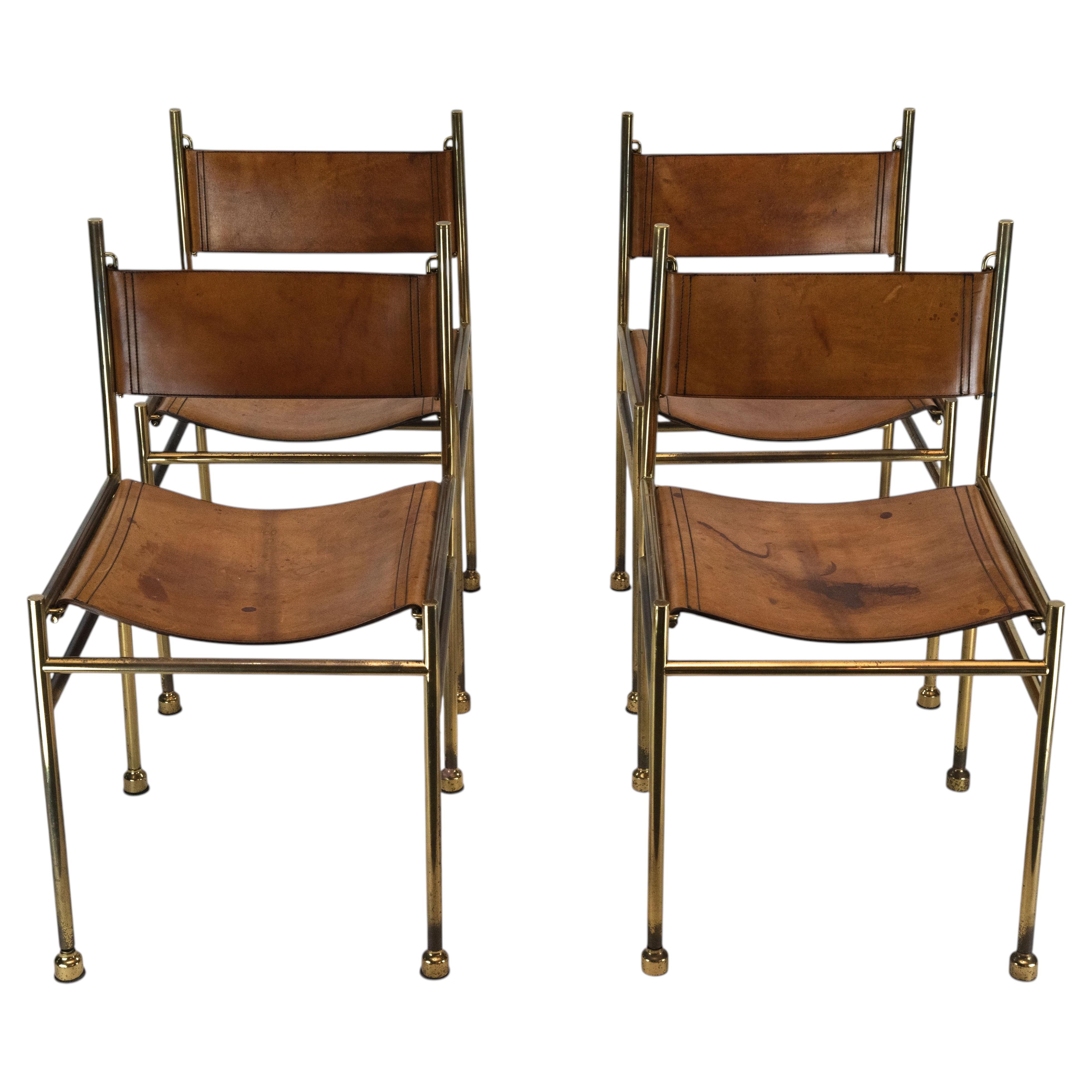 Lot de 4 chaises en laiton et cuir, par Luciano Frigerio, Italie, années 1970