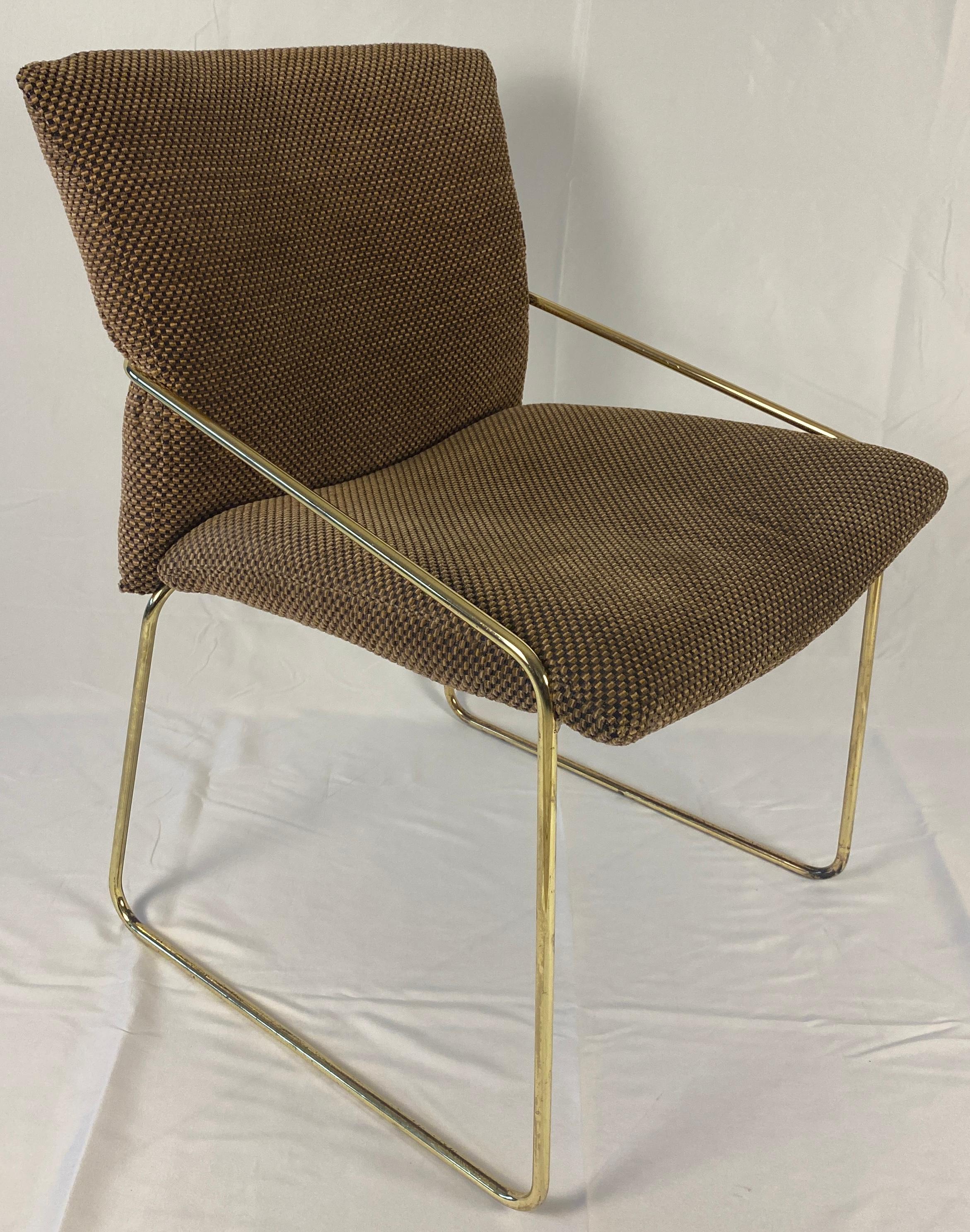 Mid-Century Modern Set of 4 Brass and Upholstered Side Chairs in the Style of Milo Baughman