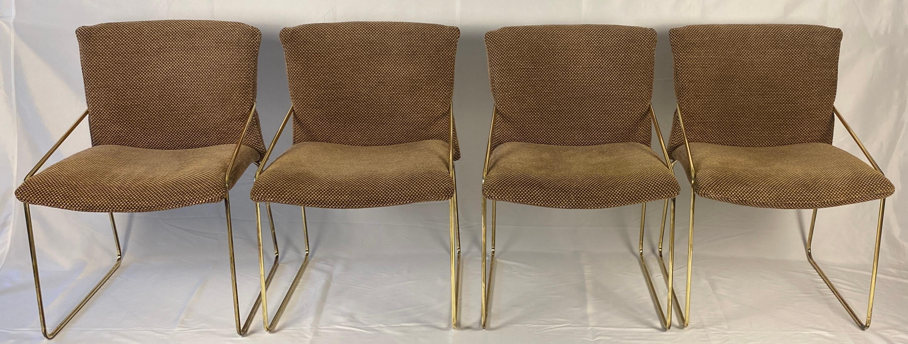 Set of 4 Brass and Upholstered Side Chairs in the Style of Milo Baughman 1