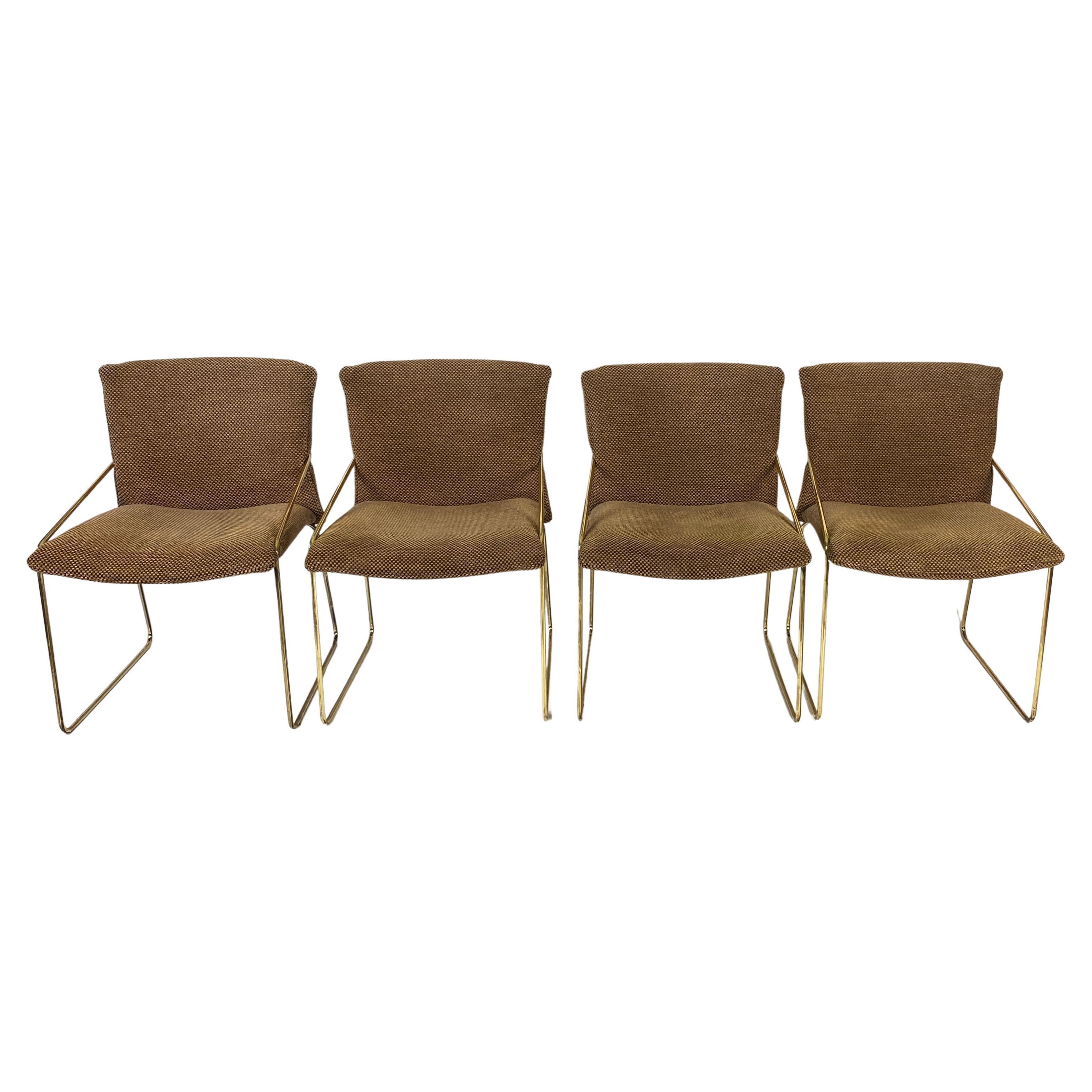 Set of 4 Brass and Upholstered Side Chairs in the Style of Milo Baughman