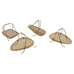 Set of 4 Brass and Wicker Bowls and Bottle Holders, 1950s