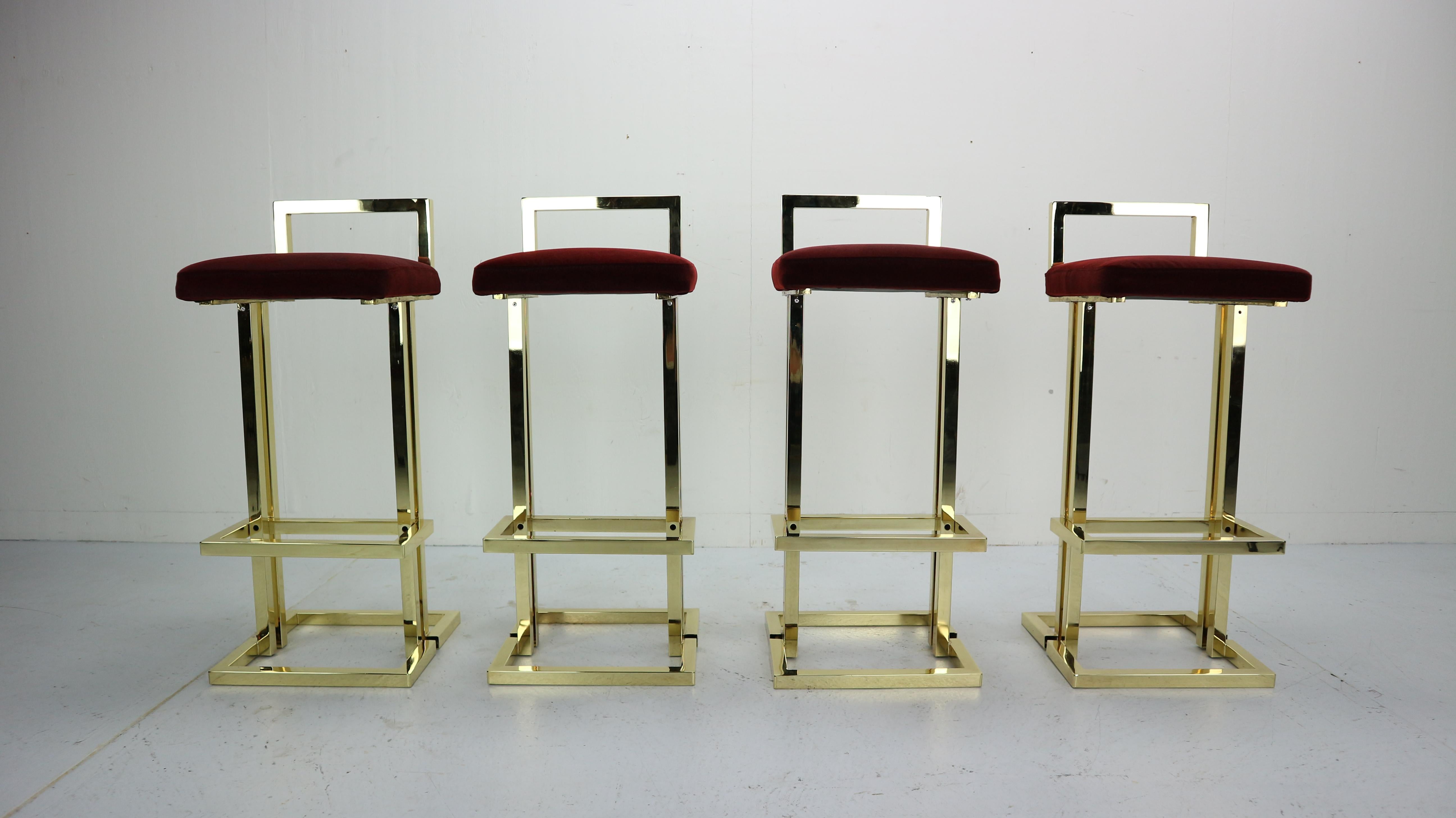 French Set Of 4 Brass Bar Stools By Maison Jansen, France, 1970s