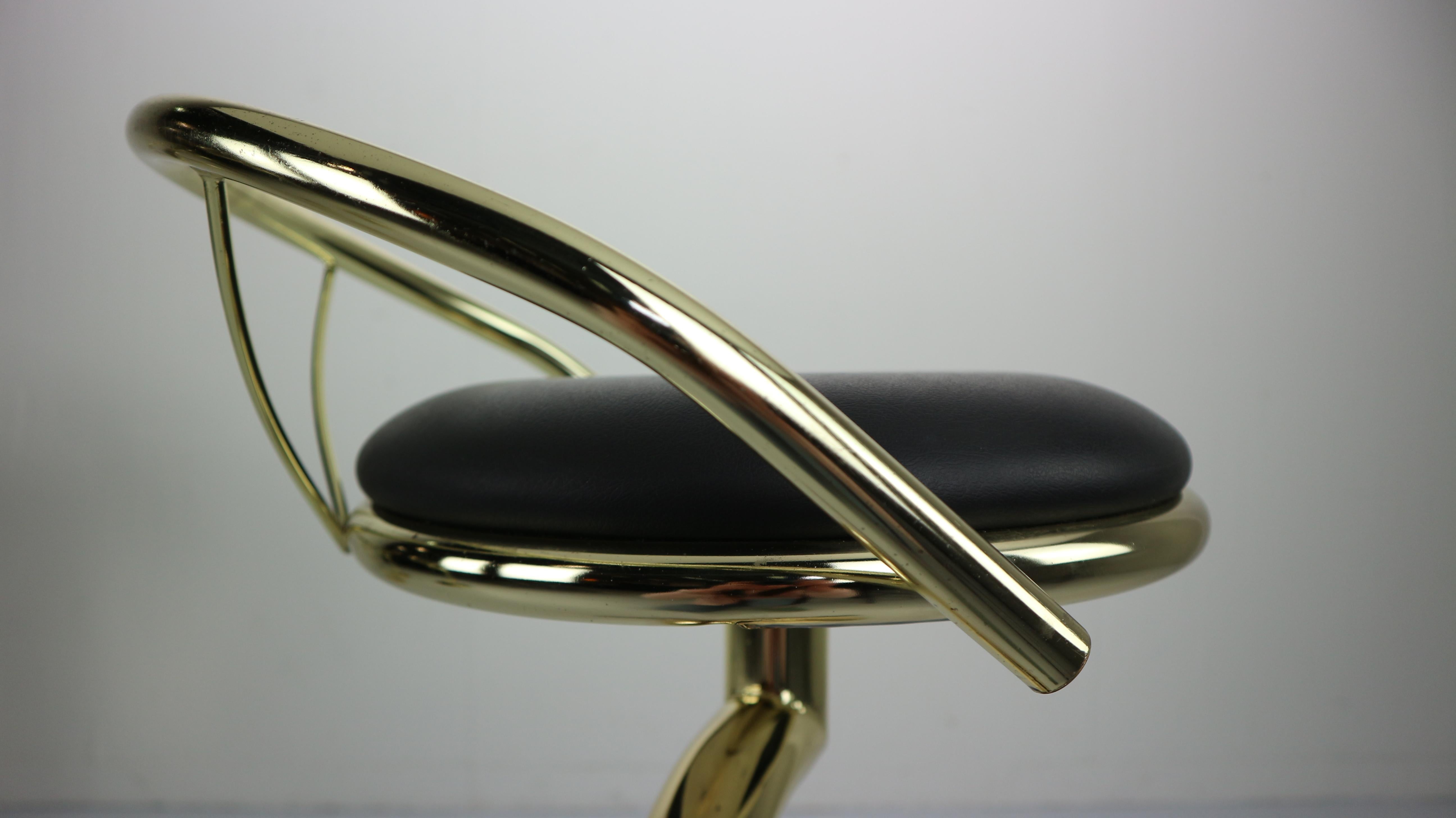 Set Of 4 Brass & Black Faux Leather Bar Stools, Hollywood Regency Period, 1970s 5