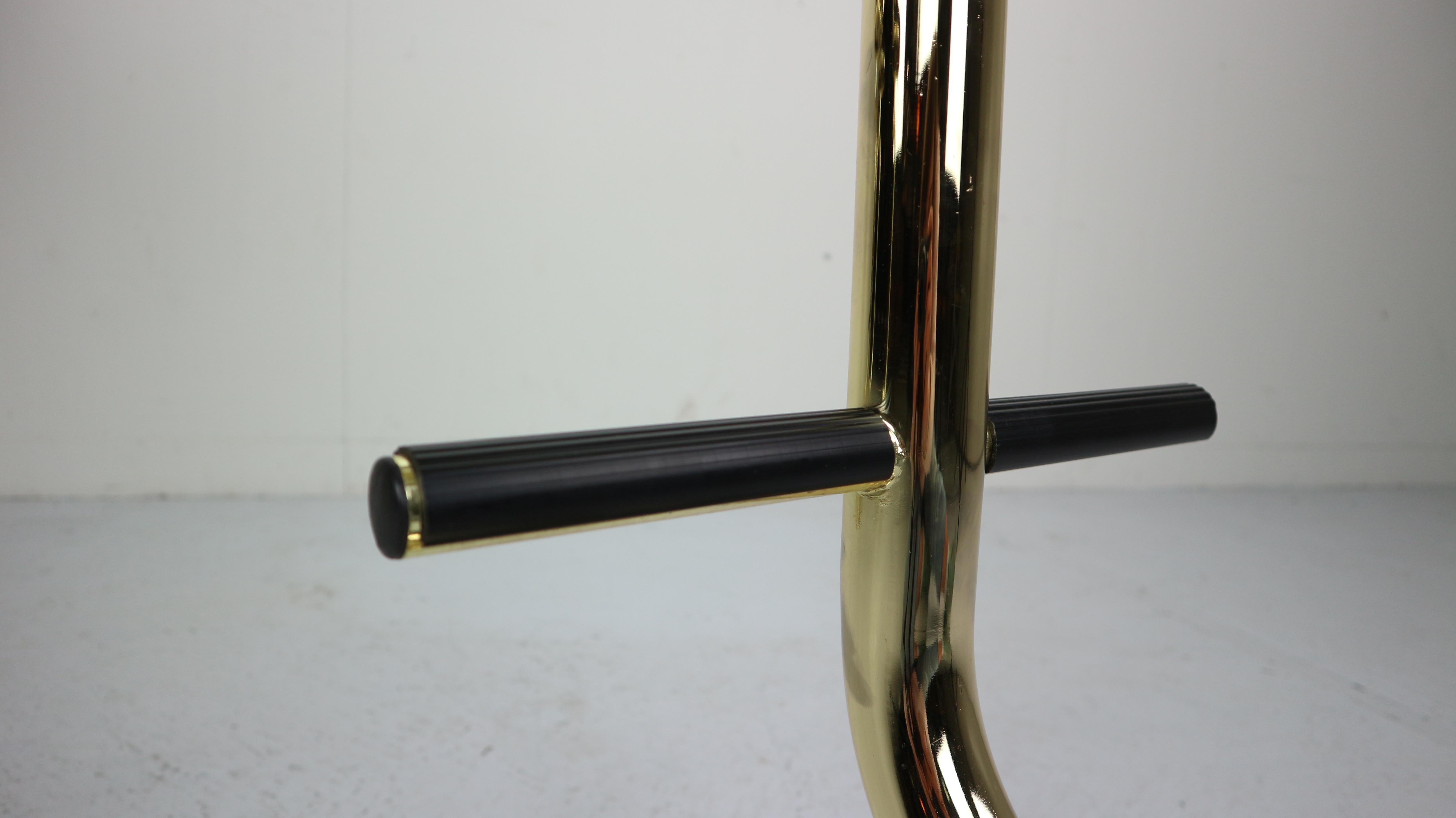 Set Of 4 Brass & Black Faux Leather Bar Stools, Hollywood Regency Period, 1970s 9