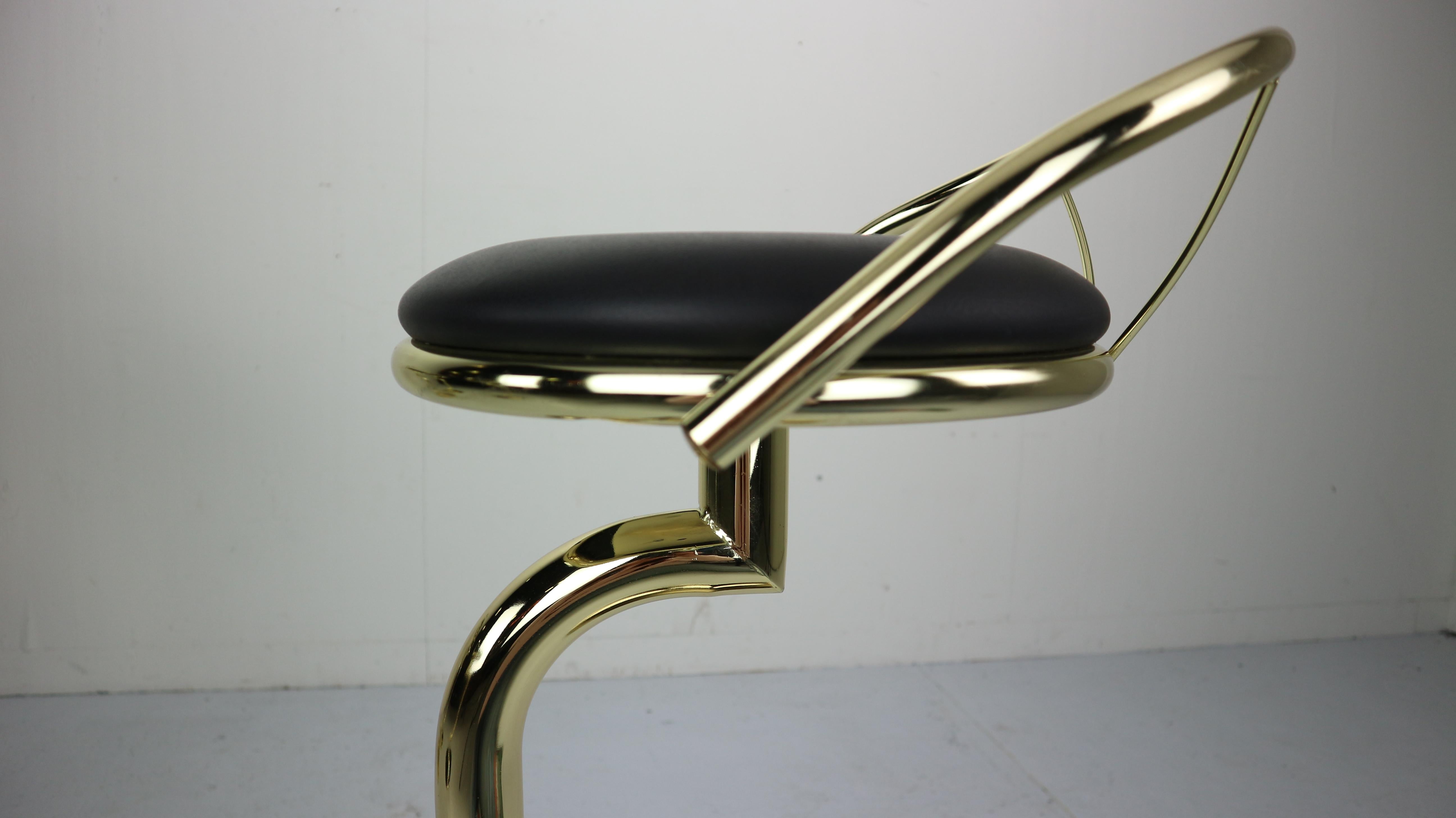 Set Of 4 Brass & Black Faux Leather Bar Stools, Hollywood Regency Period, 1970s 10