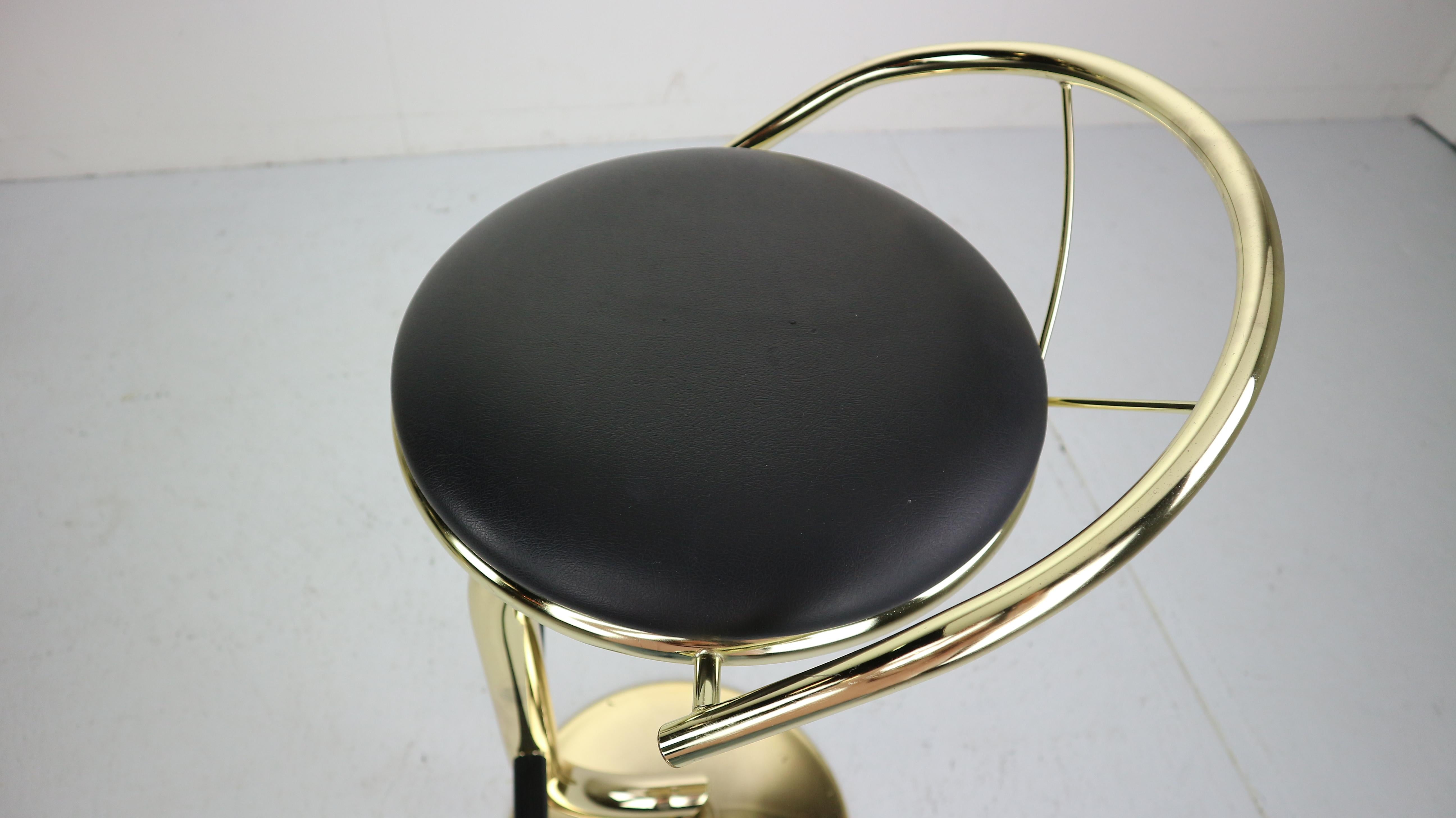 Set Of 4 Brass & Black Faux Leather Bar Stools, Hollywood Regency Period, 1970s 12