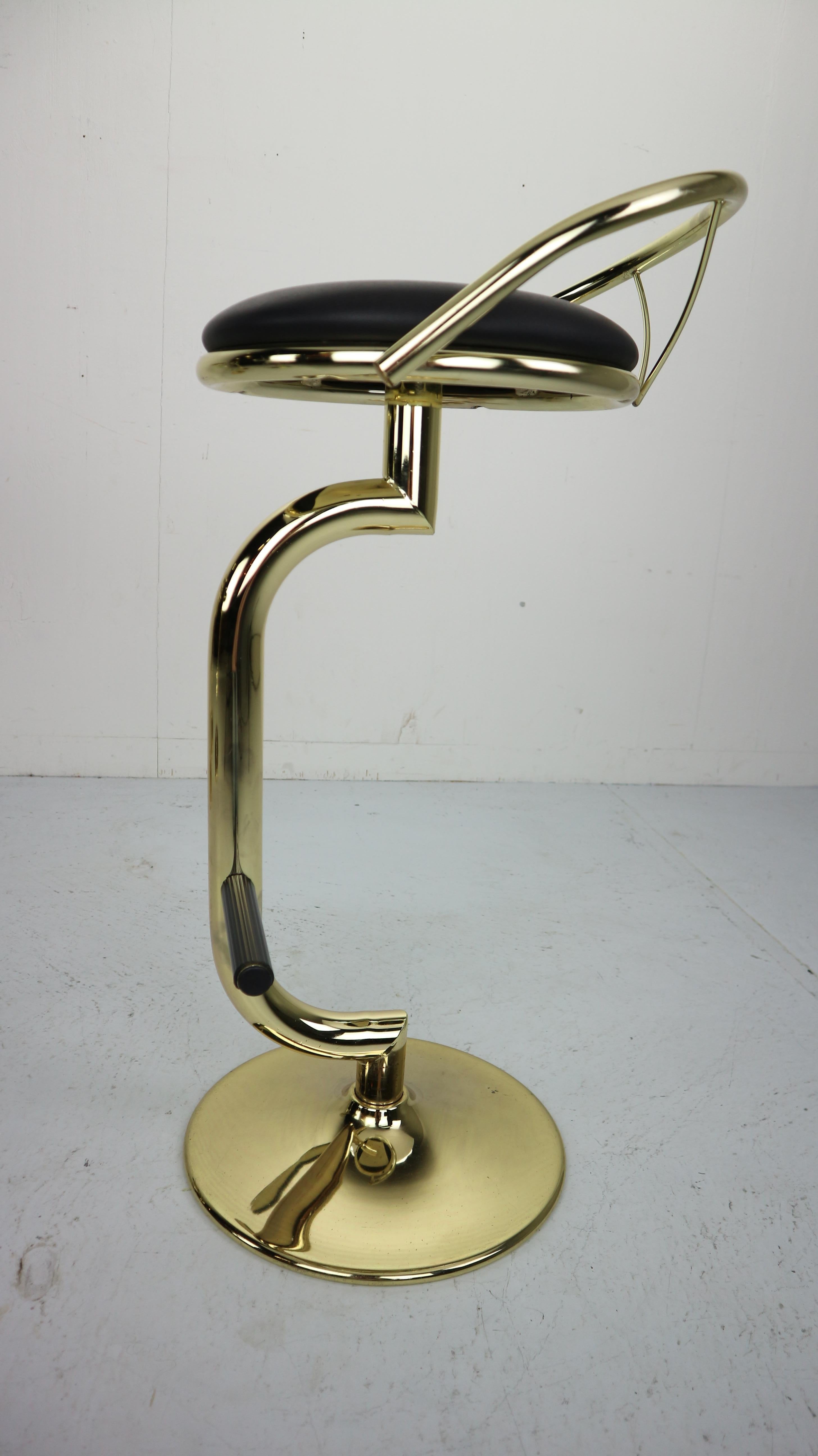 Set Of 4 Brass & Black Faux Leather Bar Stools, Hollywood Regency Period, 1970s 13