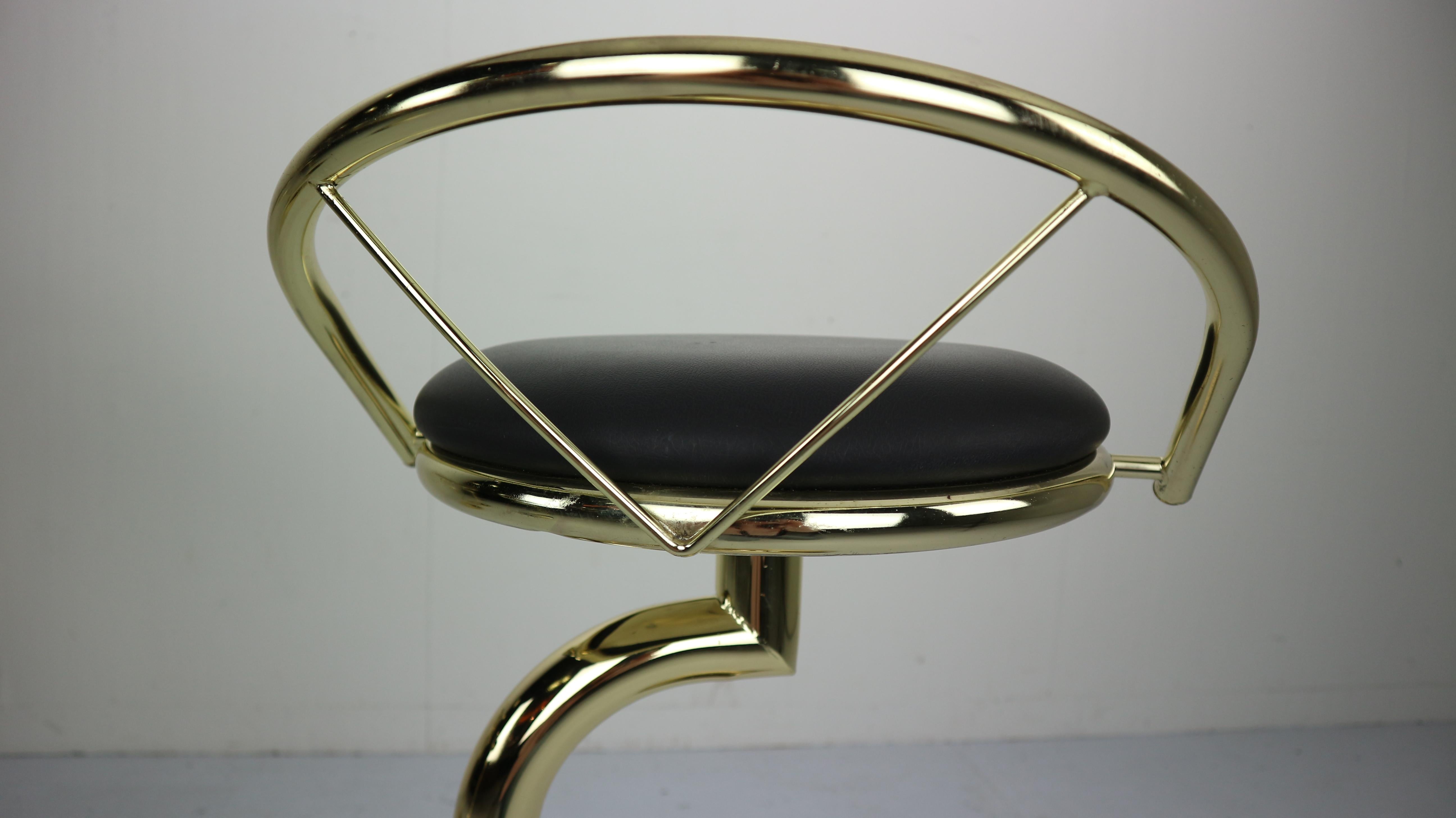 Set Of 4 Brass & Black Faux Leather Bar Stools, Hollywood Regency Period, 1970s 14