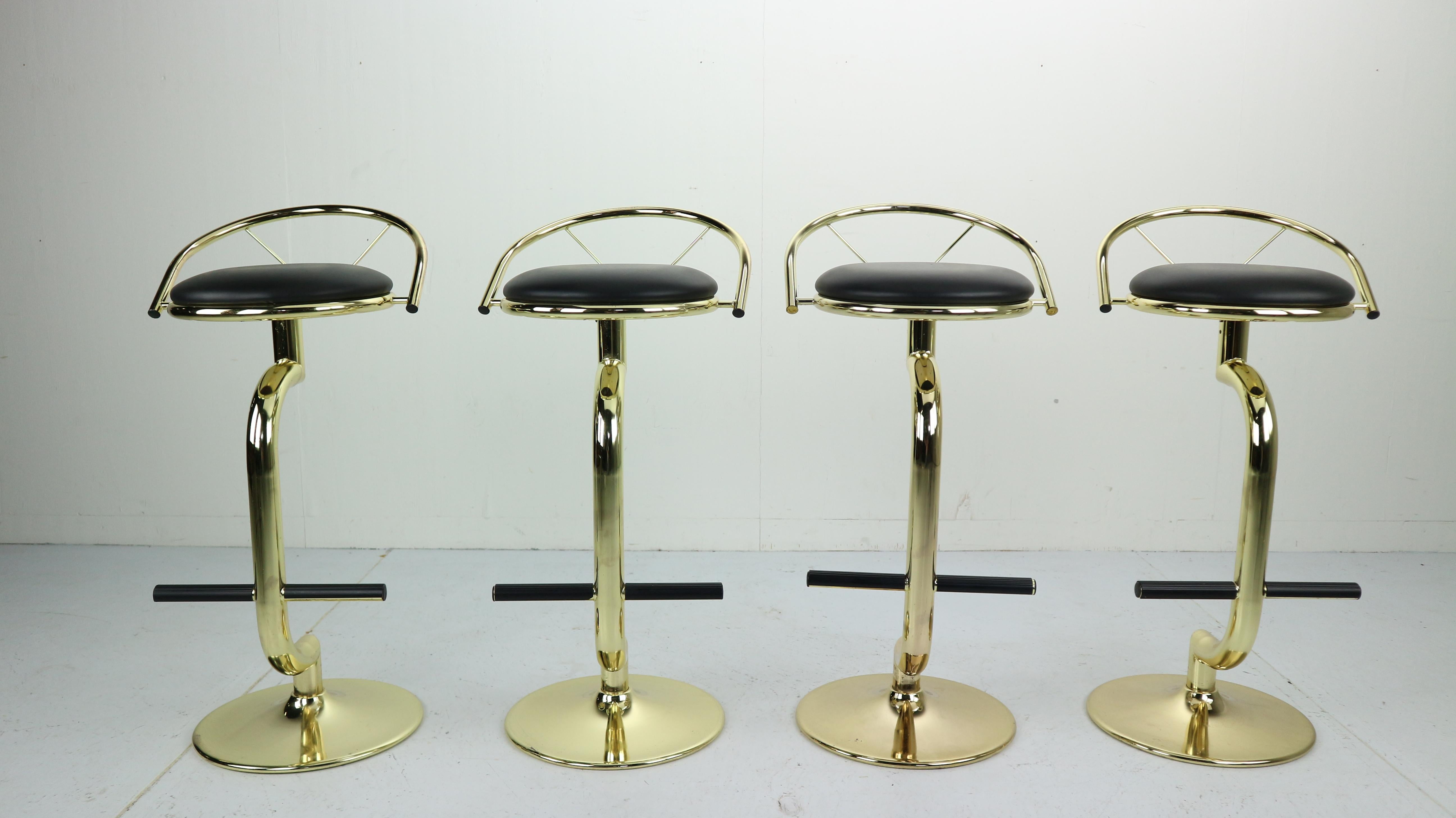 Belgian Set Of 4 Brass & Black Faux Leather Bar Stools, Hollywood Regency Period, 1970s