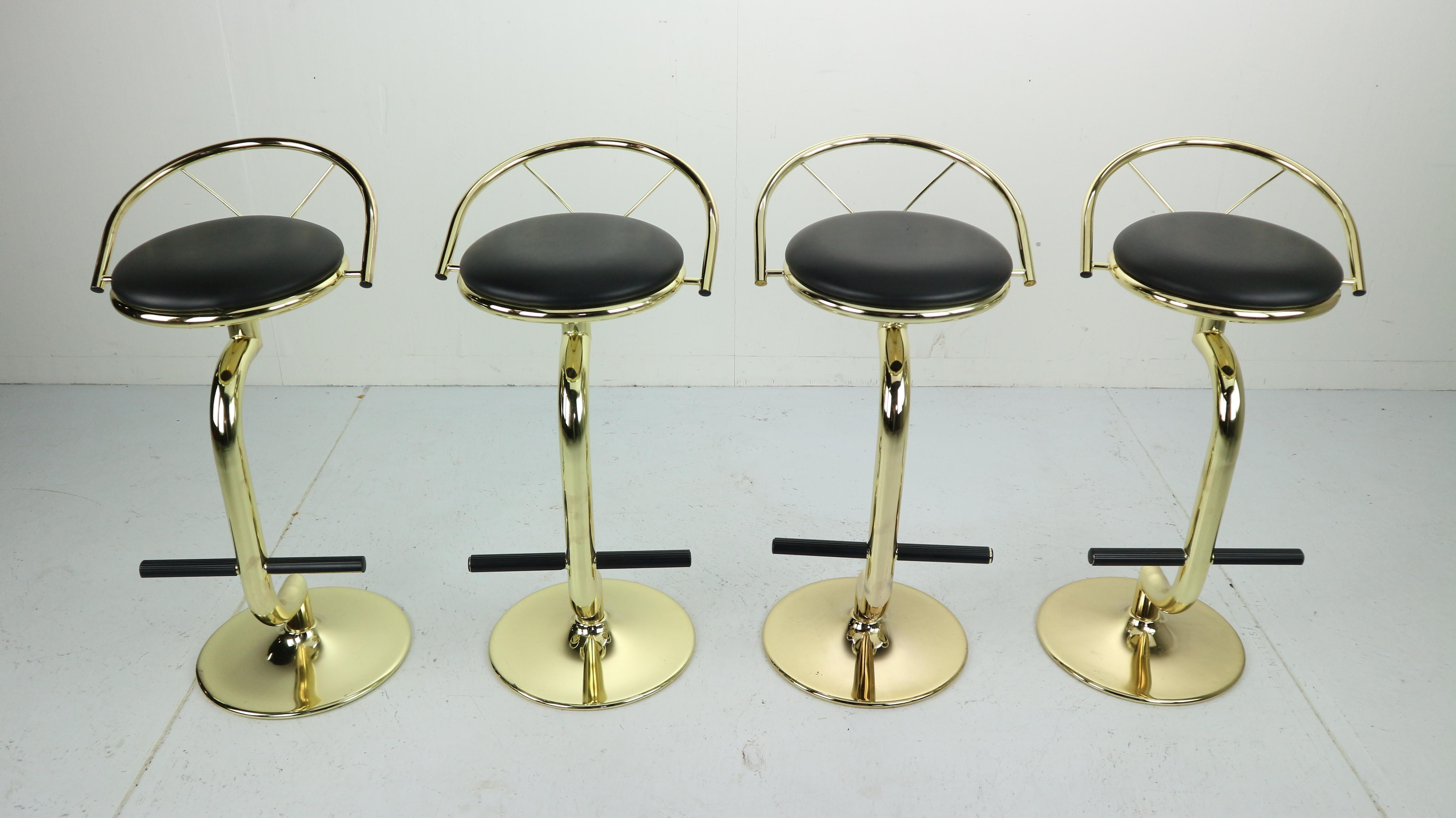 Set Of 4 Brass & Black Faux Leather Bar Stools, Hollywood Regency Period, 1970s In Good Condition In The Hague, NL