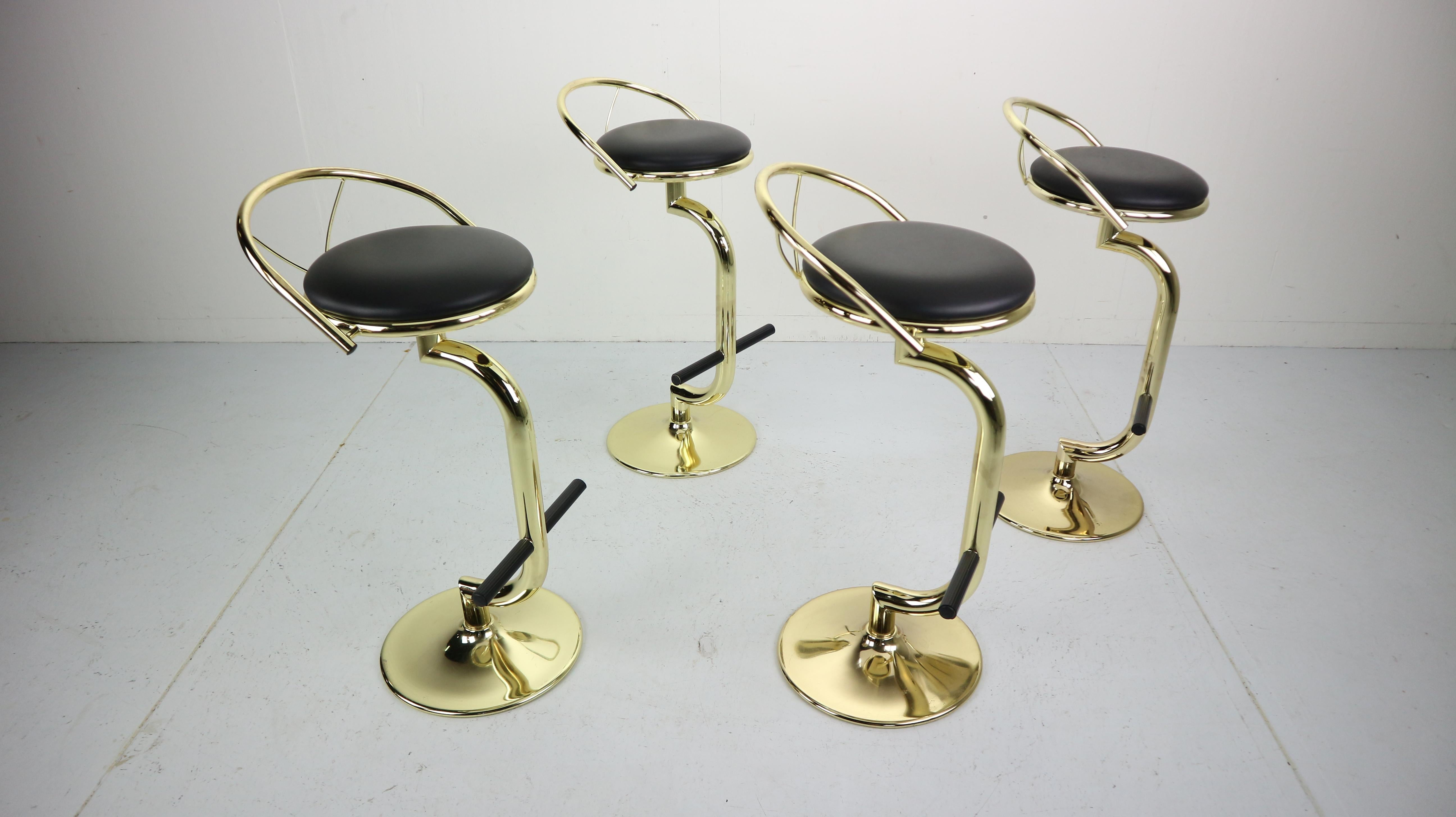Late 20th Century Set Of 4 Brass & Black Faux Leather Bar Stools, Hollywood Regency Period, 1970s