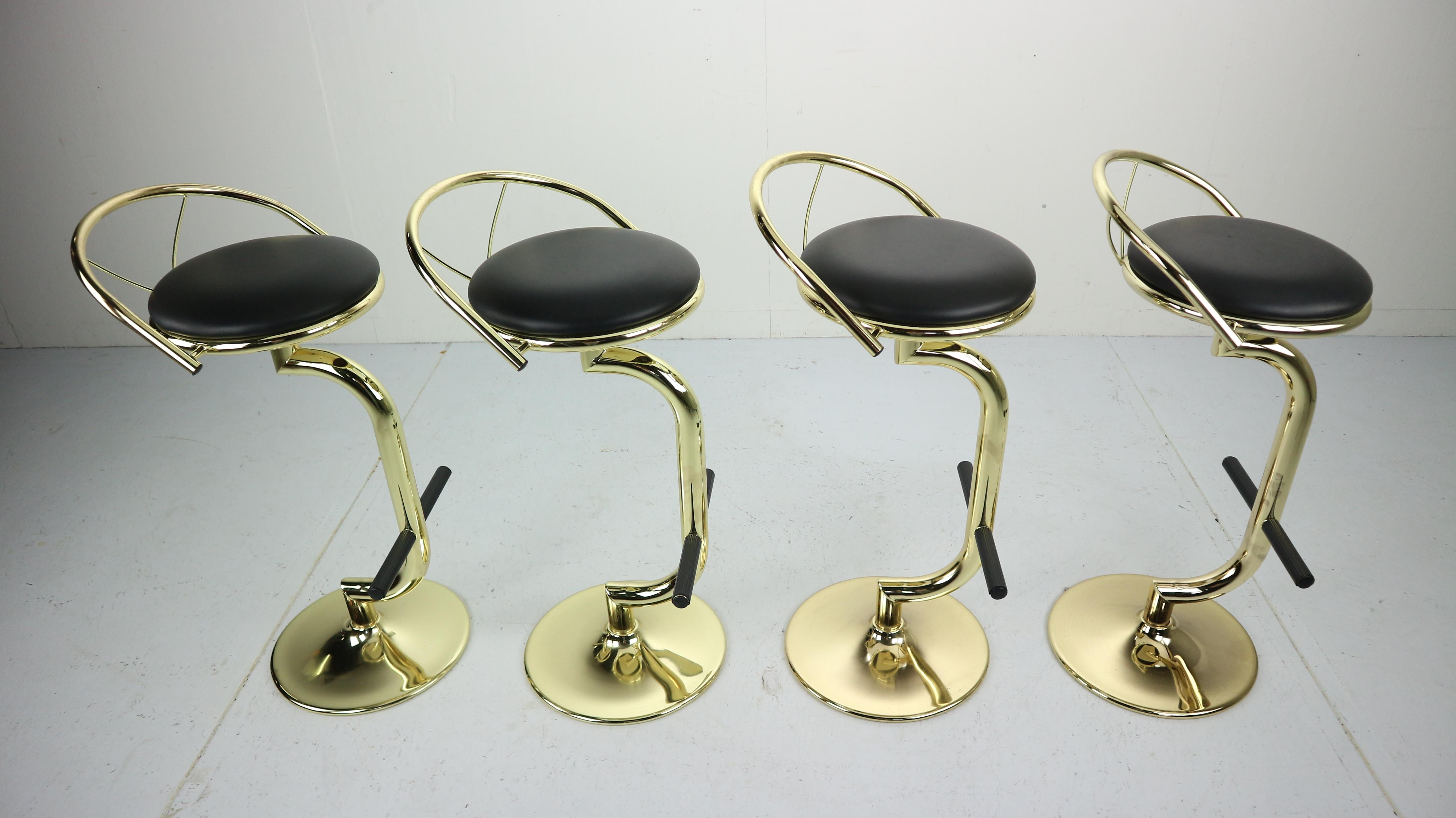 Set Of 4 Brass & Black Faux Leather Bar Stools, Hollywood Regency Period, 1970s 1