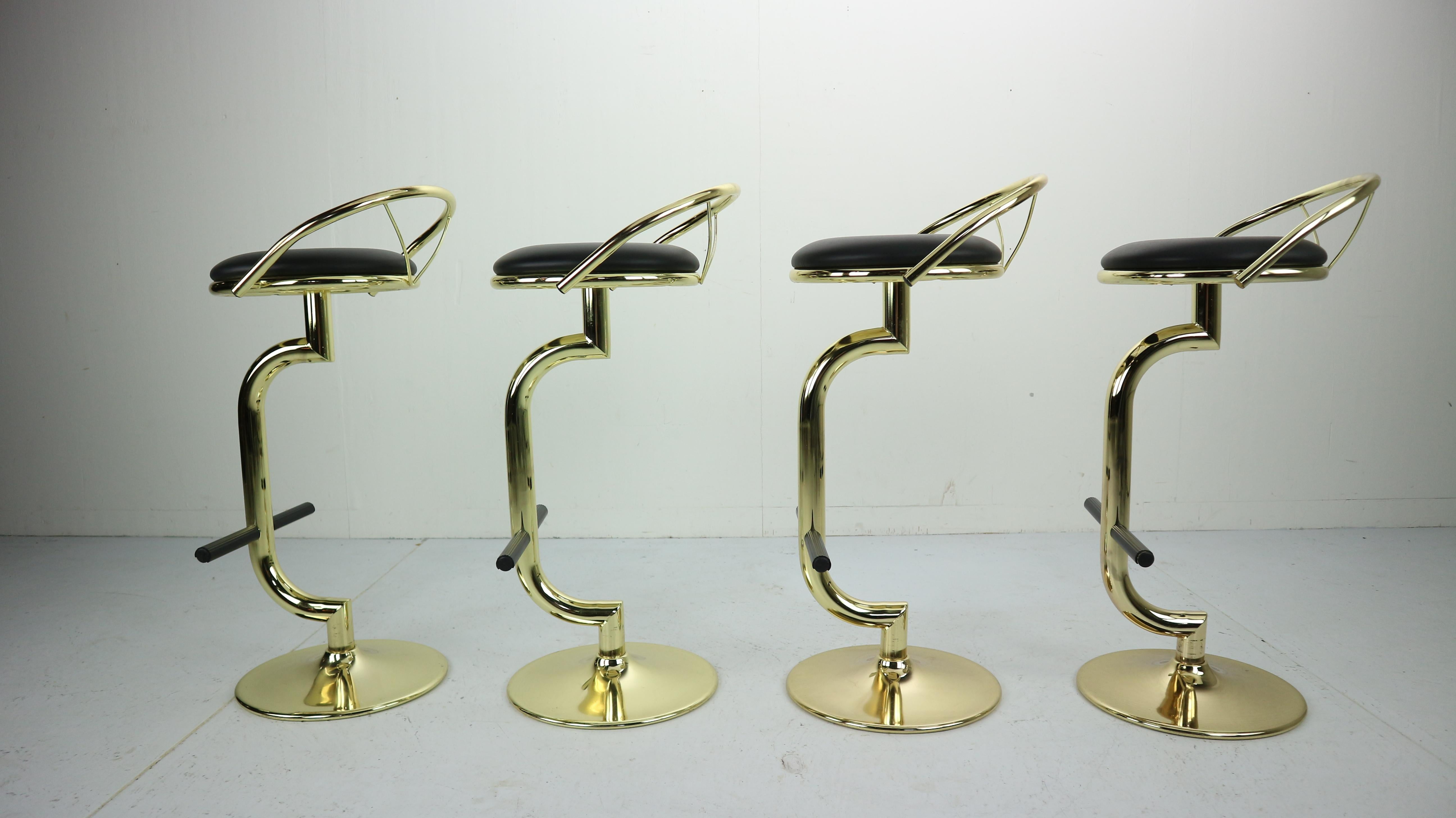 Set Of 4 Brass & Black Faux Leather Bar Stools, Hollywood Regency Period, 1970s 2
