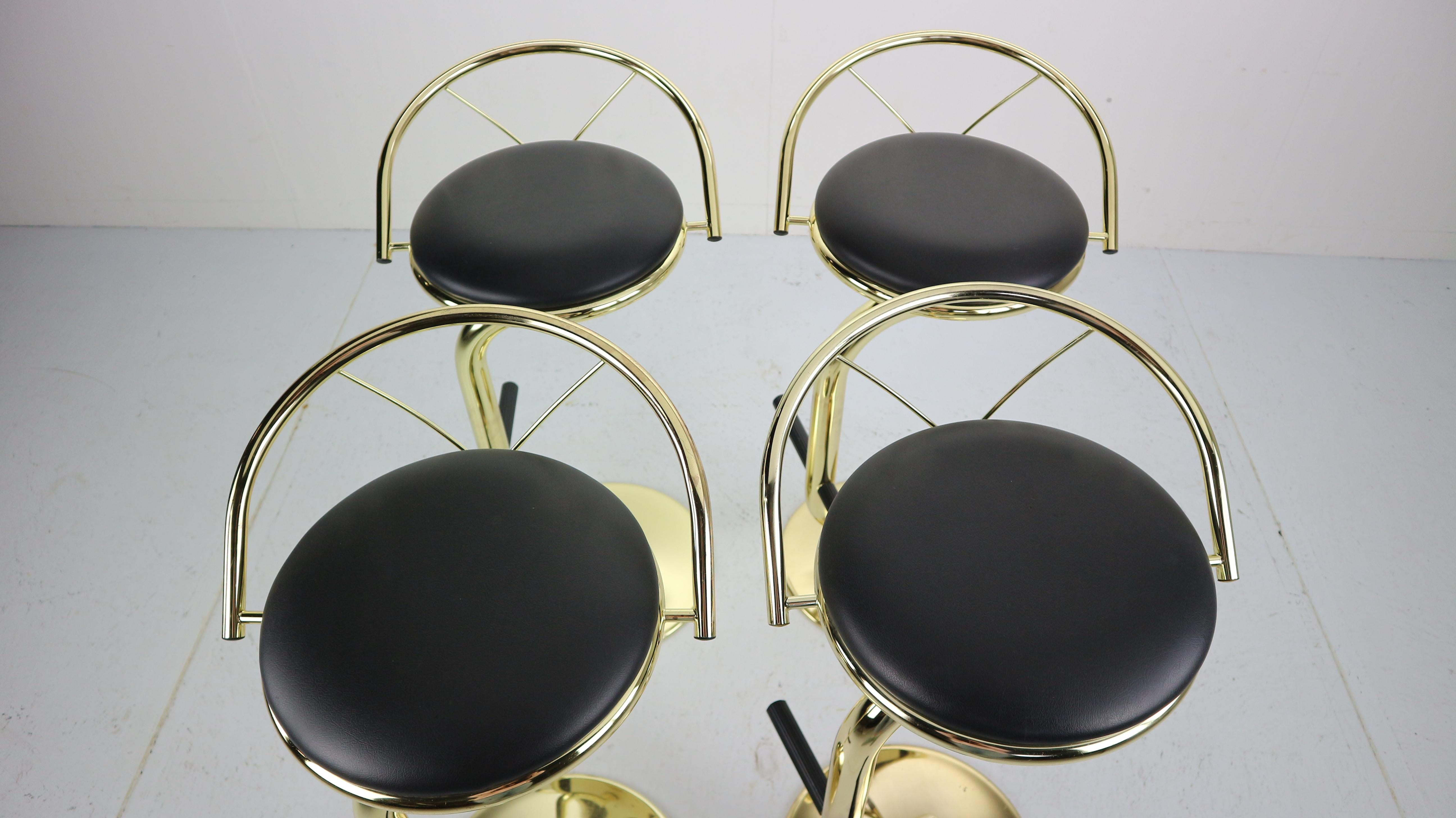 Set Of 4 Brass & Black Faux Leather Bar Stools, Hollywood Regency Period, 1970s 3