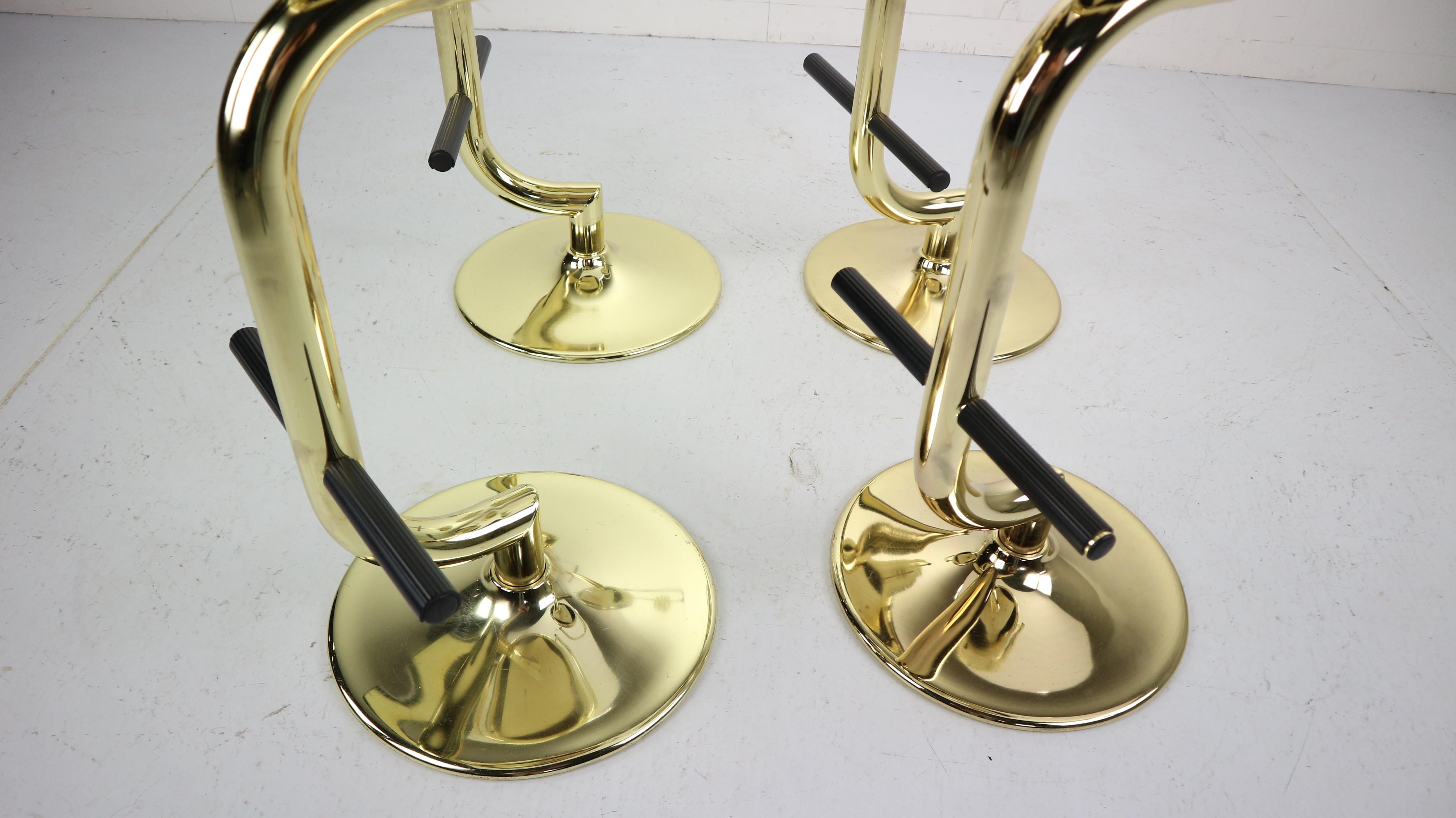 Set Of 4 Brass & Black Faux Leather Bar Stools, Hollywood Regency Period, 1970s 4