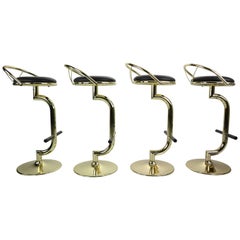 Set Of 4 Brass & Black Faux Leather Bar Stools, Hollywood Regency Period, 1970s