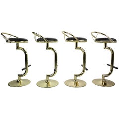 Vintage Set Of 4 Brass & Black Faux Leather Bar Stools, Hollywood Regency Period, 1970s