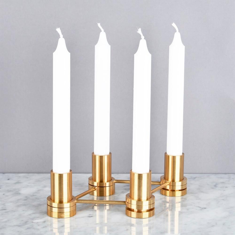 Set of 4 Brass Candle Holder by OxDenmarq
Dimensions: D 4 x H 6 cm
Materials: Brass

4 x candle holder
8 x threaded ring
4 x combination stick

OX DENMARQ is a Danish design brand aspiring to make beautiful handmade furniture, accessories and