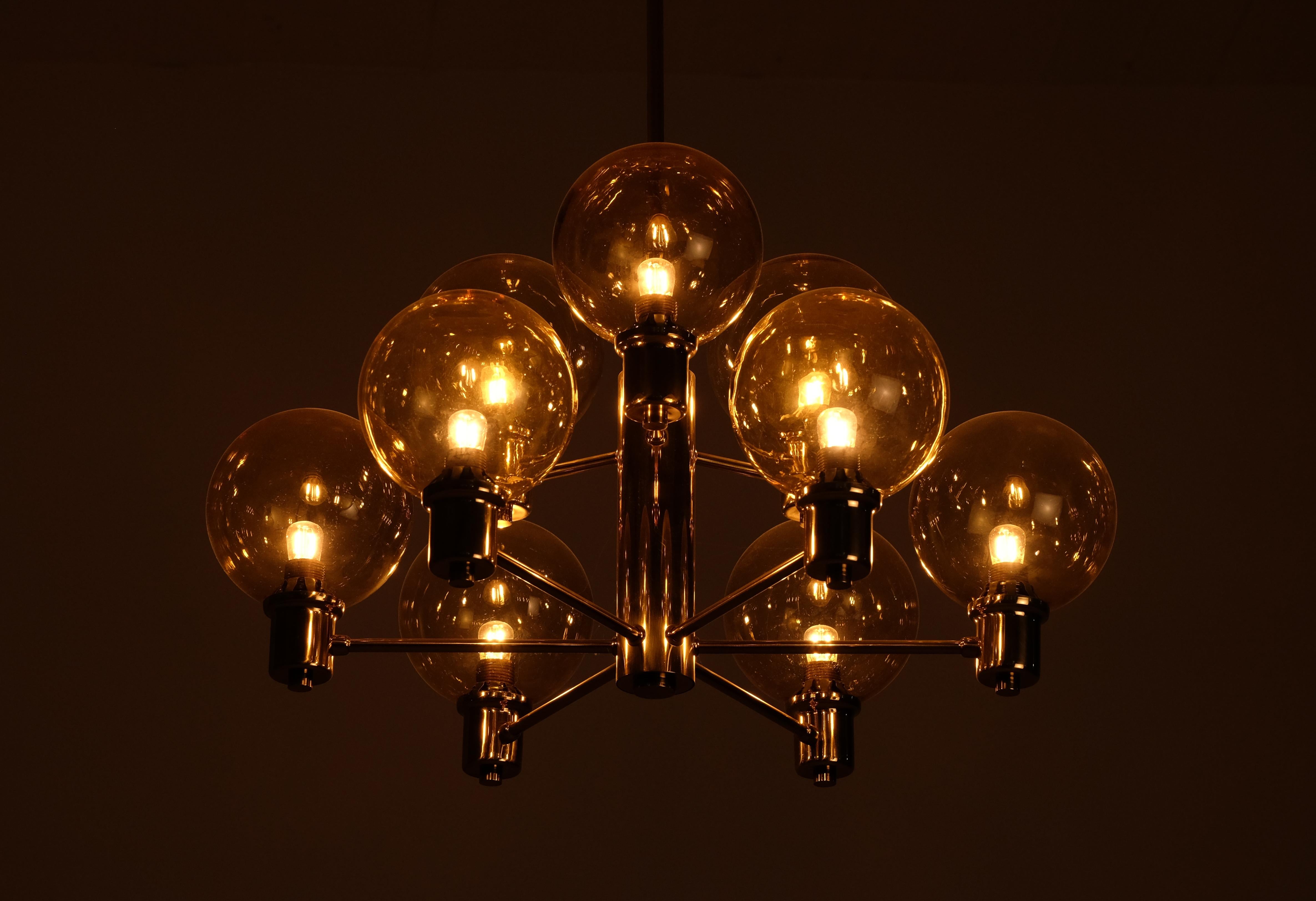 Brass & glass chandeliers by EWÅ, Sweden, 1960s.
Please note: Listed price is for a single chandelier. 