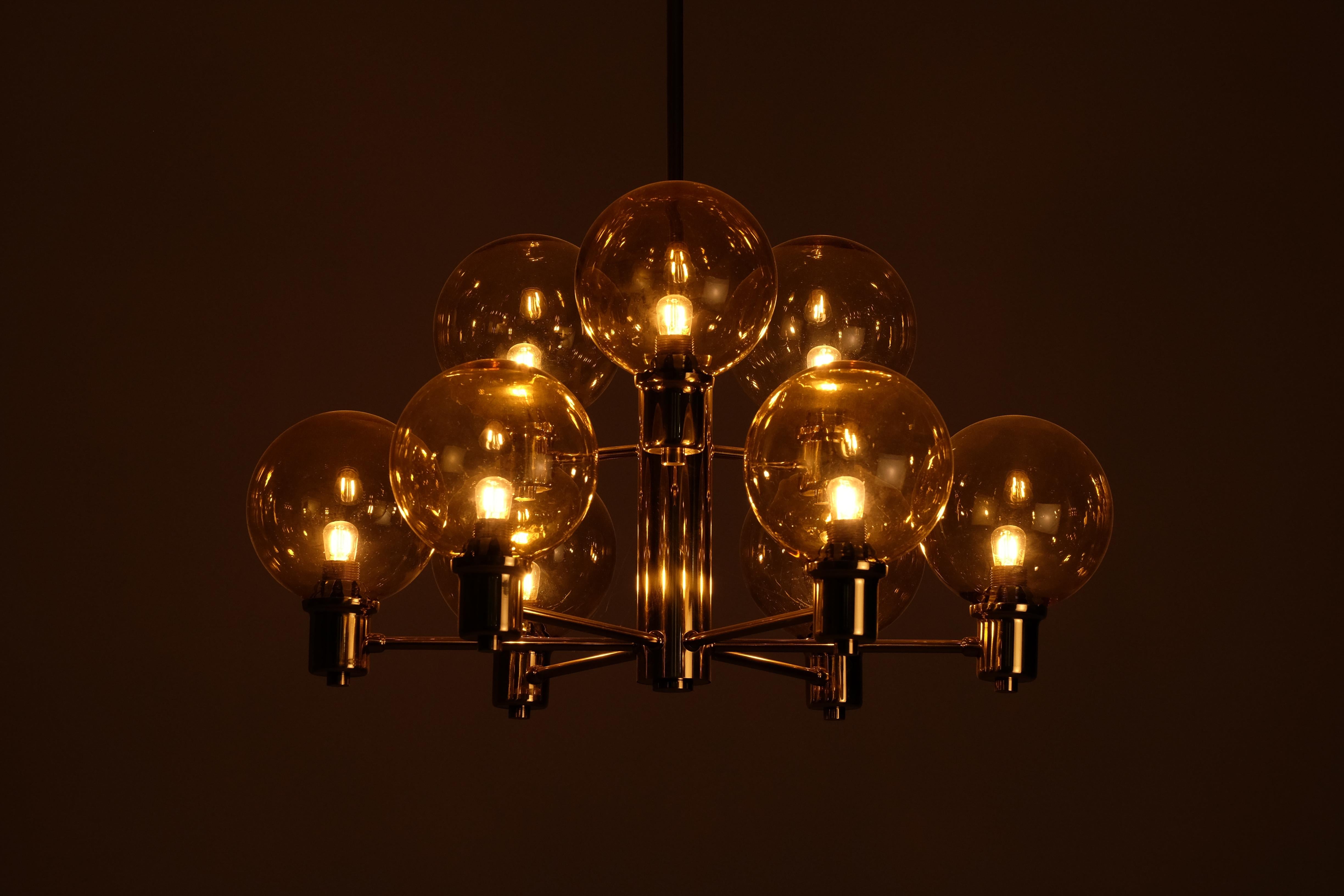 Mid-20th Century Set of 4 brass & glass chandeliers, Sweden, 1960s For Sale