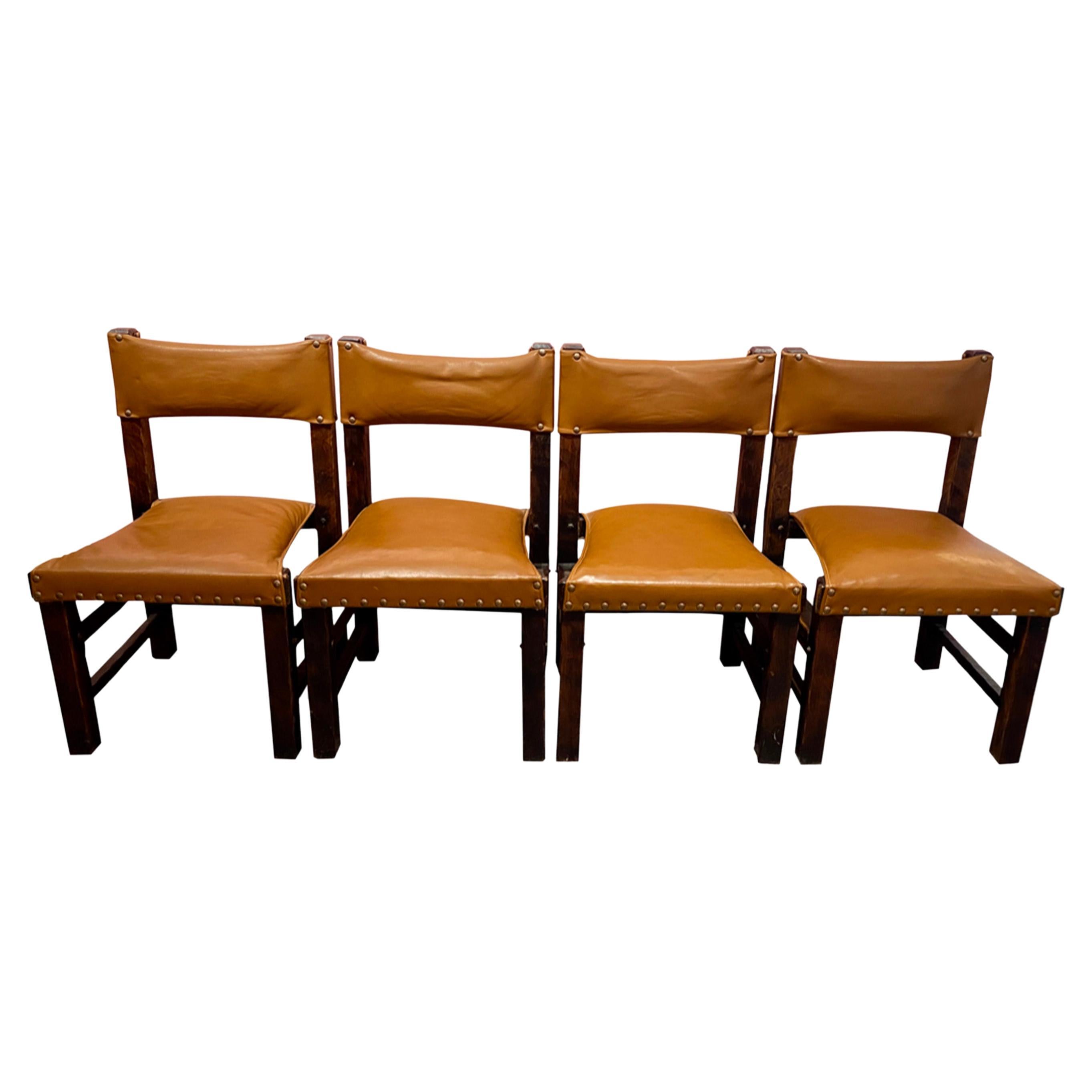 Set of 4 Brazilian chairs from the 60's in leather and wood. For Sale