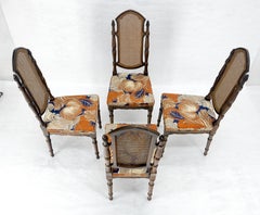 Ensemble de 4 chaises de salle à manger en tapisserie d'ameublement florale brillante, à dossier canné et pieds en Oak Oak tournés, MINT !