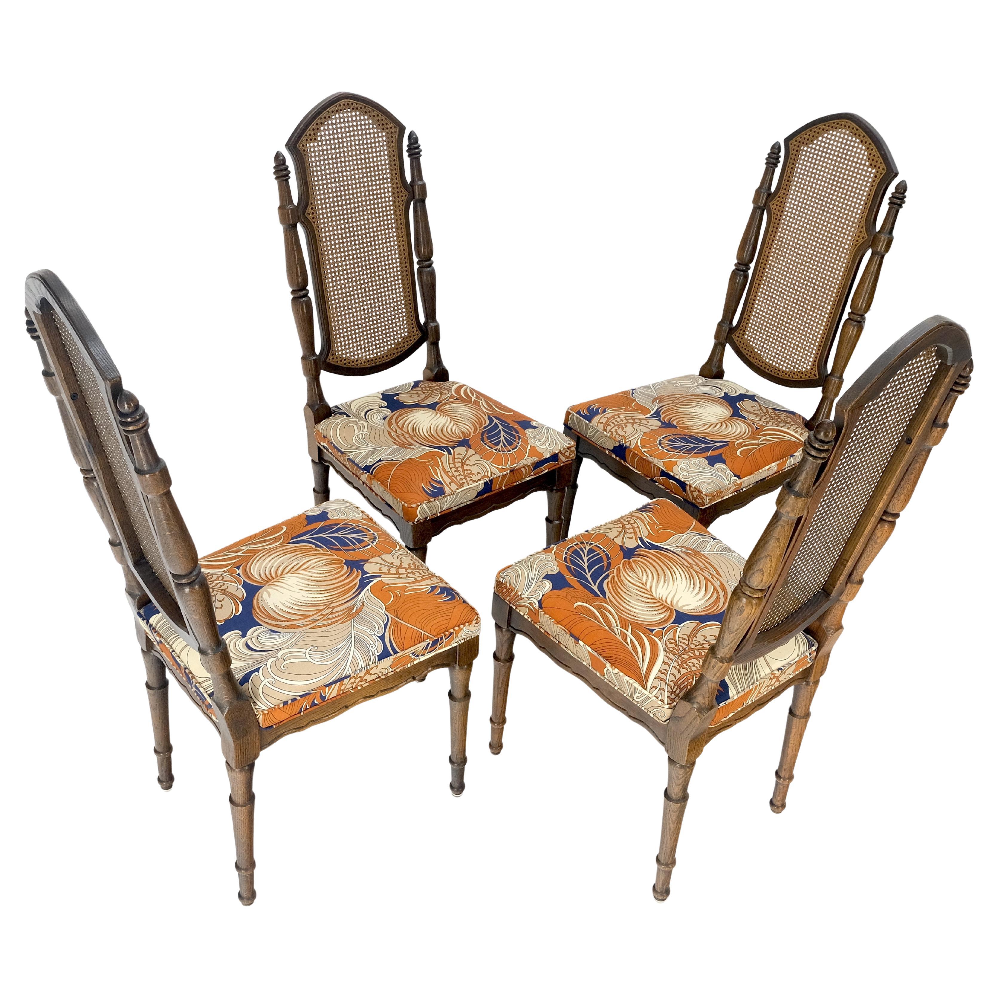 Set of 4 Bright floral Upholstery Cane Backs Turned Oak Legs Dining Chairs MINT! For Sale