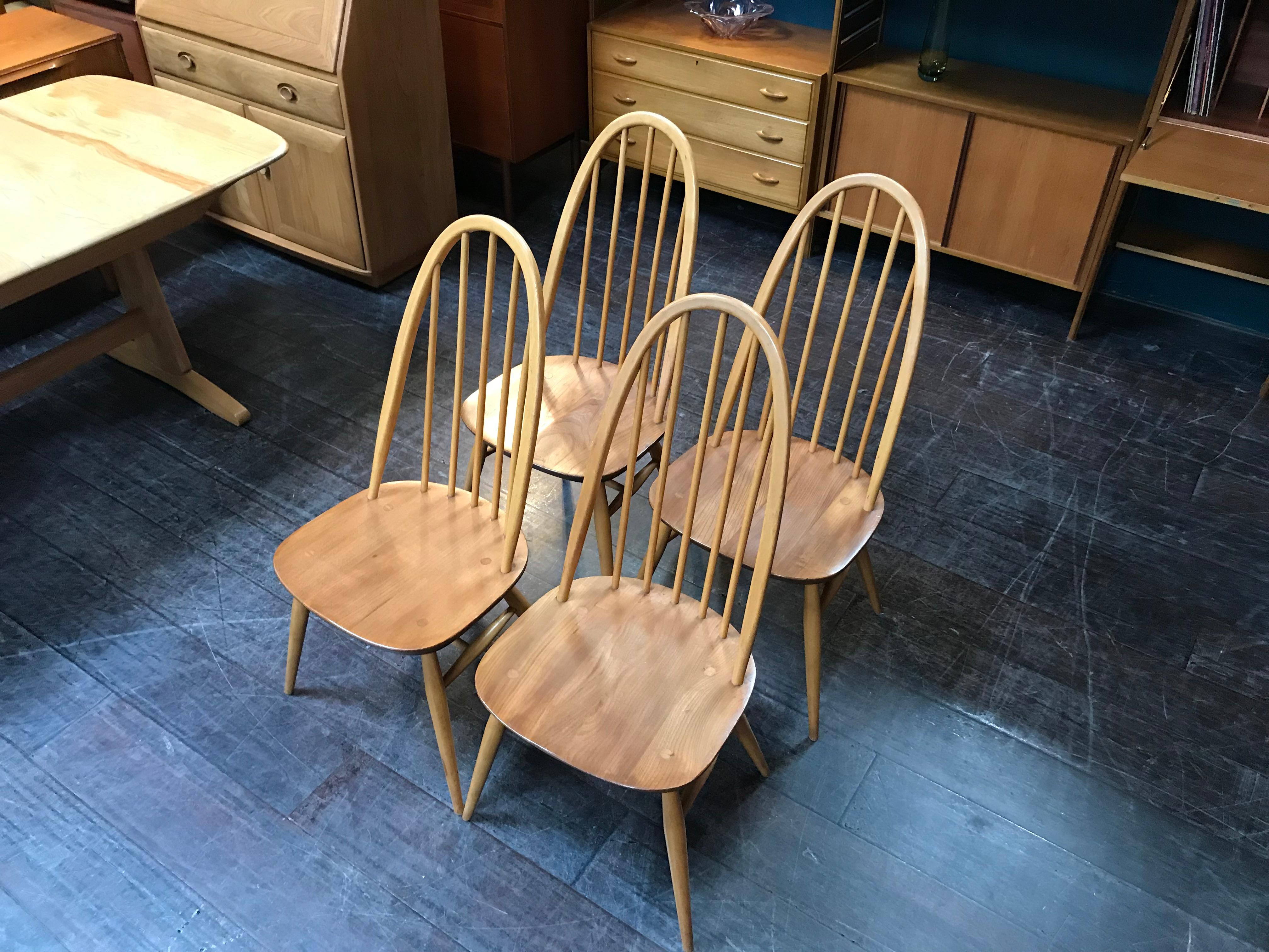 Mid-Century Modern Set of 4 British Midcentury Windsor Quaker Elm and Beech Dining Chairs by Ercol For Sale