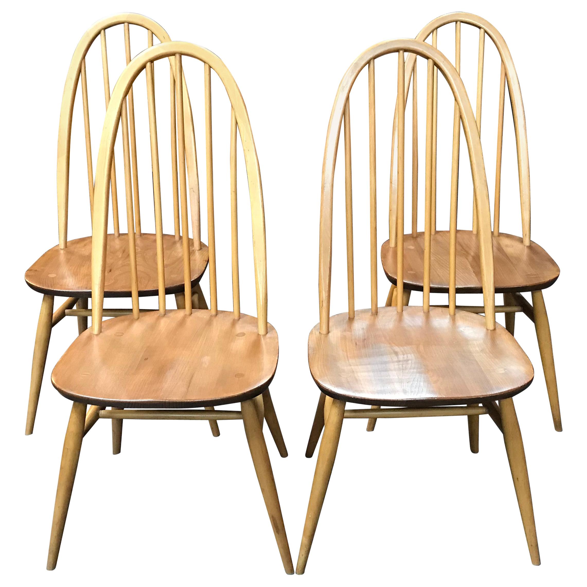 Set of 4 British Midcentury Windsor Quaker Elm and Beech Dining Chairs by Ercol For Sale